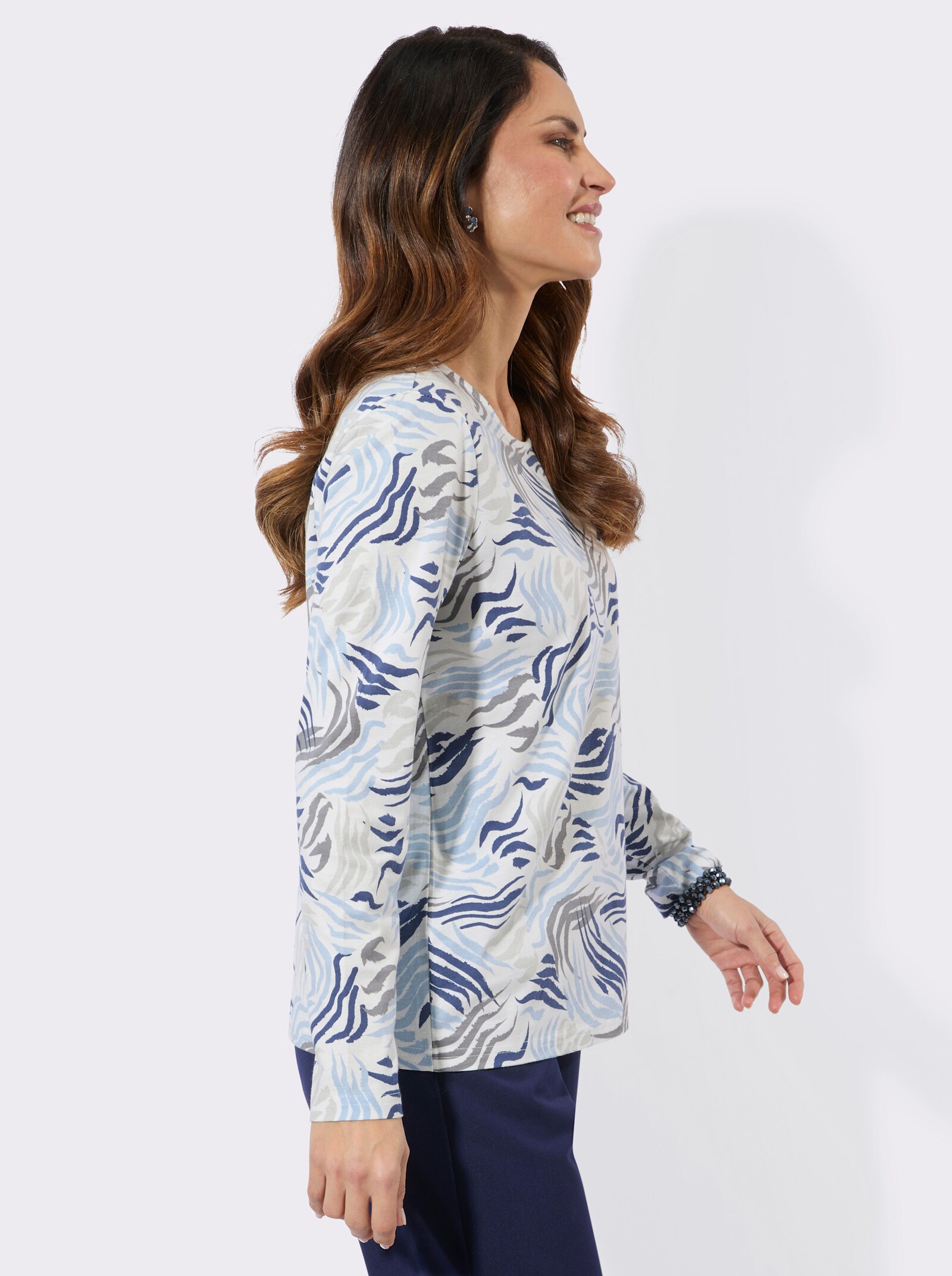 Langarmshirt im Grafik-Dessin - ecru-rauchblau-bedruckt