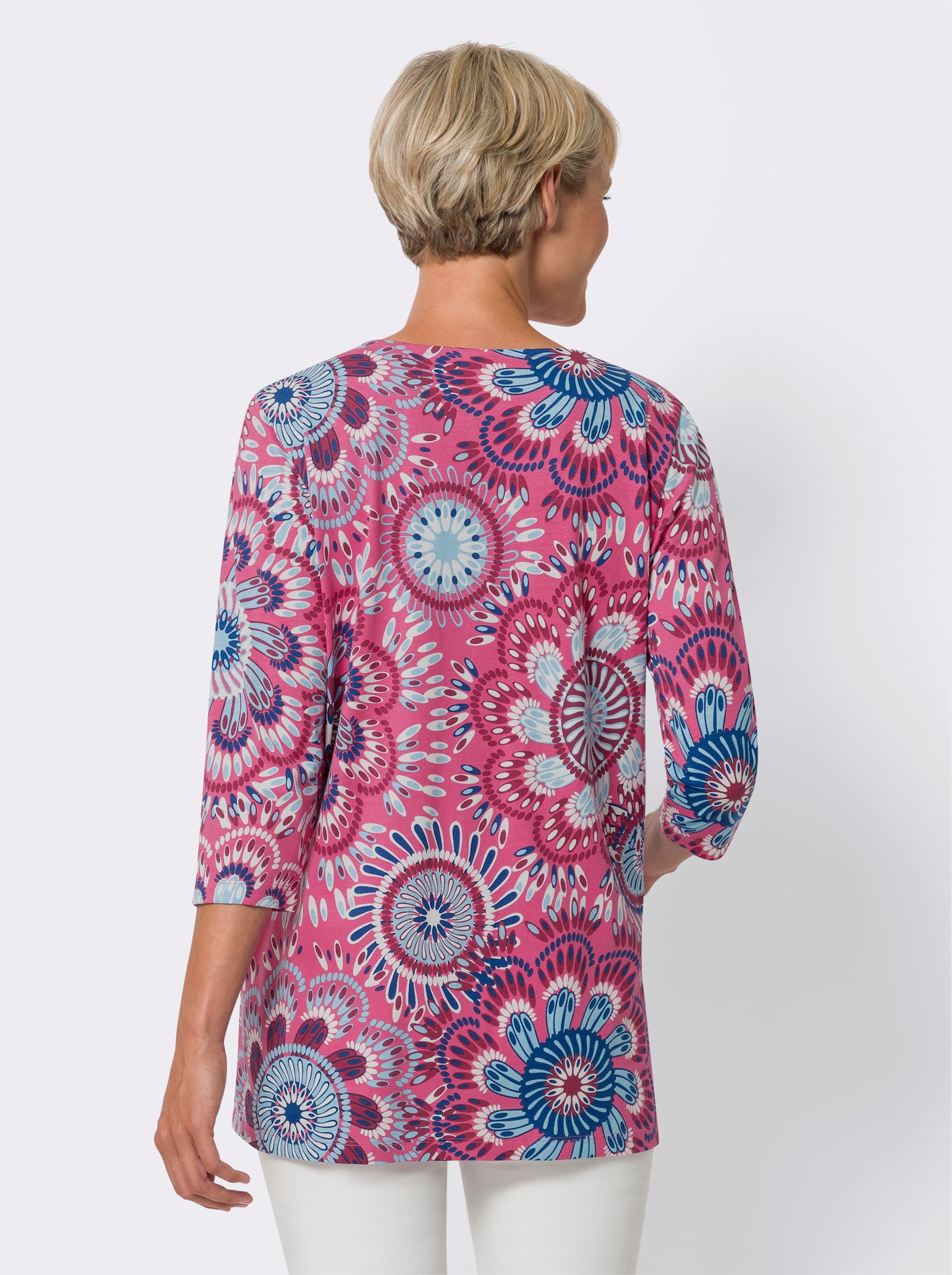 Dlouhé tričko střihu mírně do A - fuchsiová-aqua-potisk