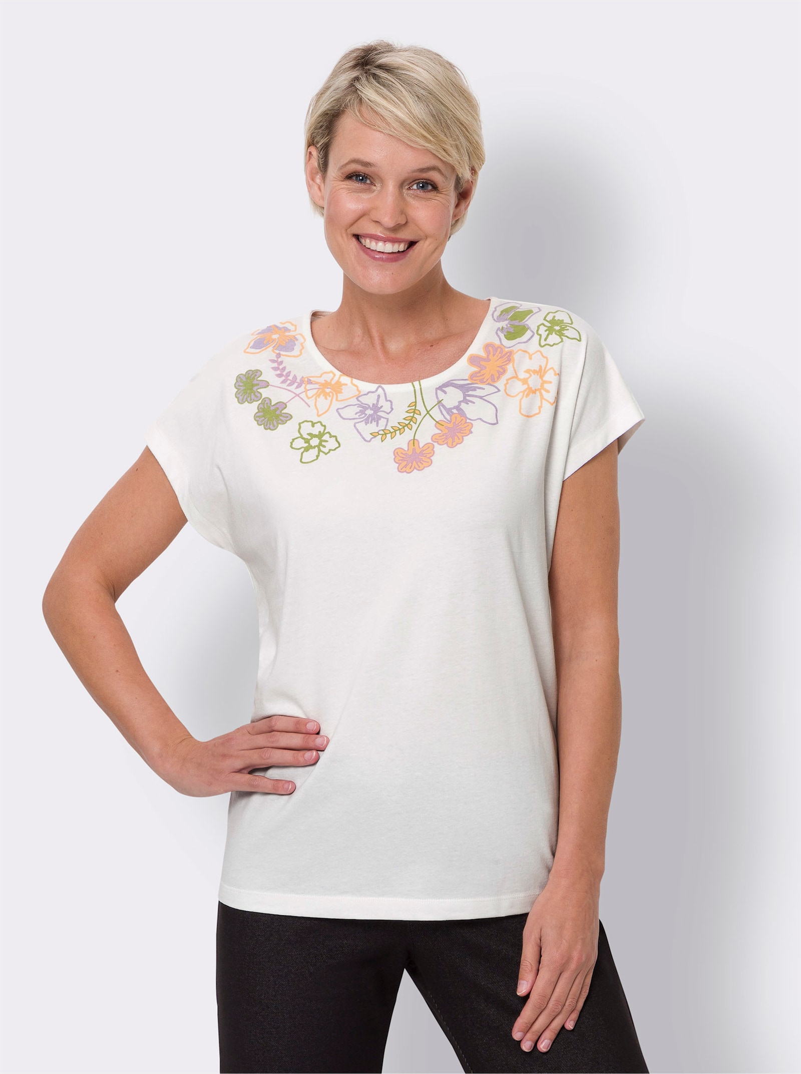 Shirt met korte mouwen en bloemdessin - ecru/lila bedrukt