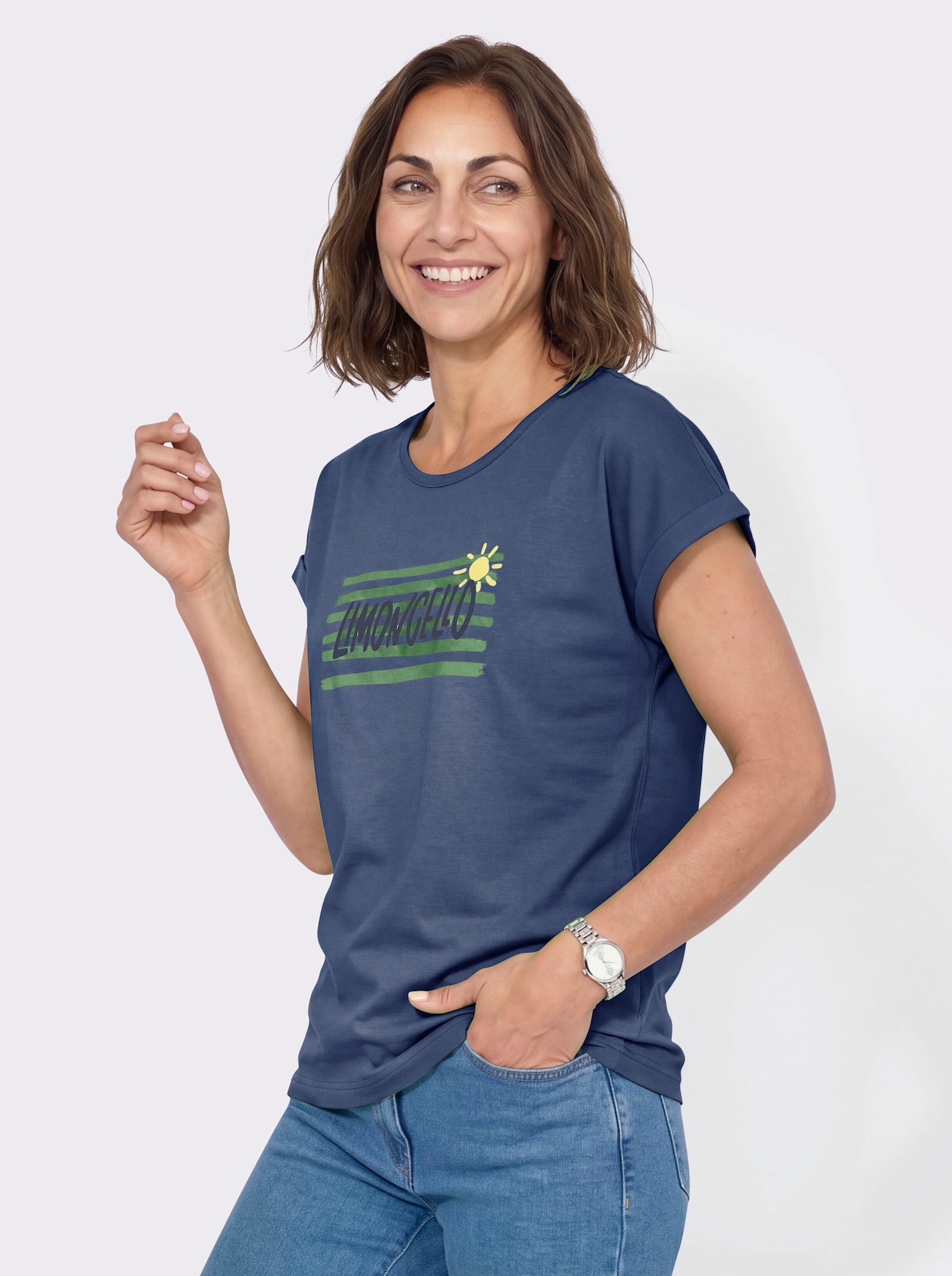Rundhalsshirt mit platziertem Druck - jeansblau-apfel