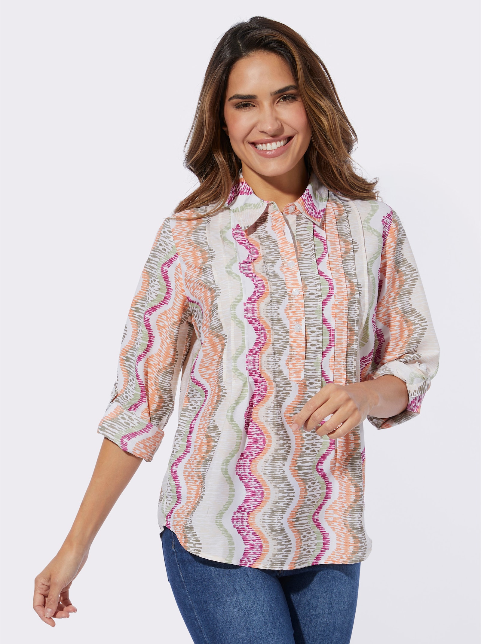 Schlupfbluse in Crêpe-Qualität - ecru-khaki-bedruckt