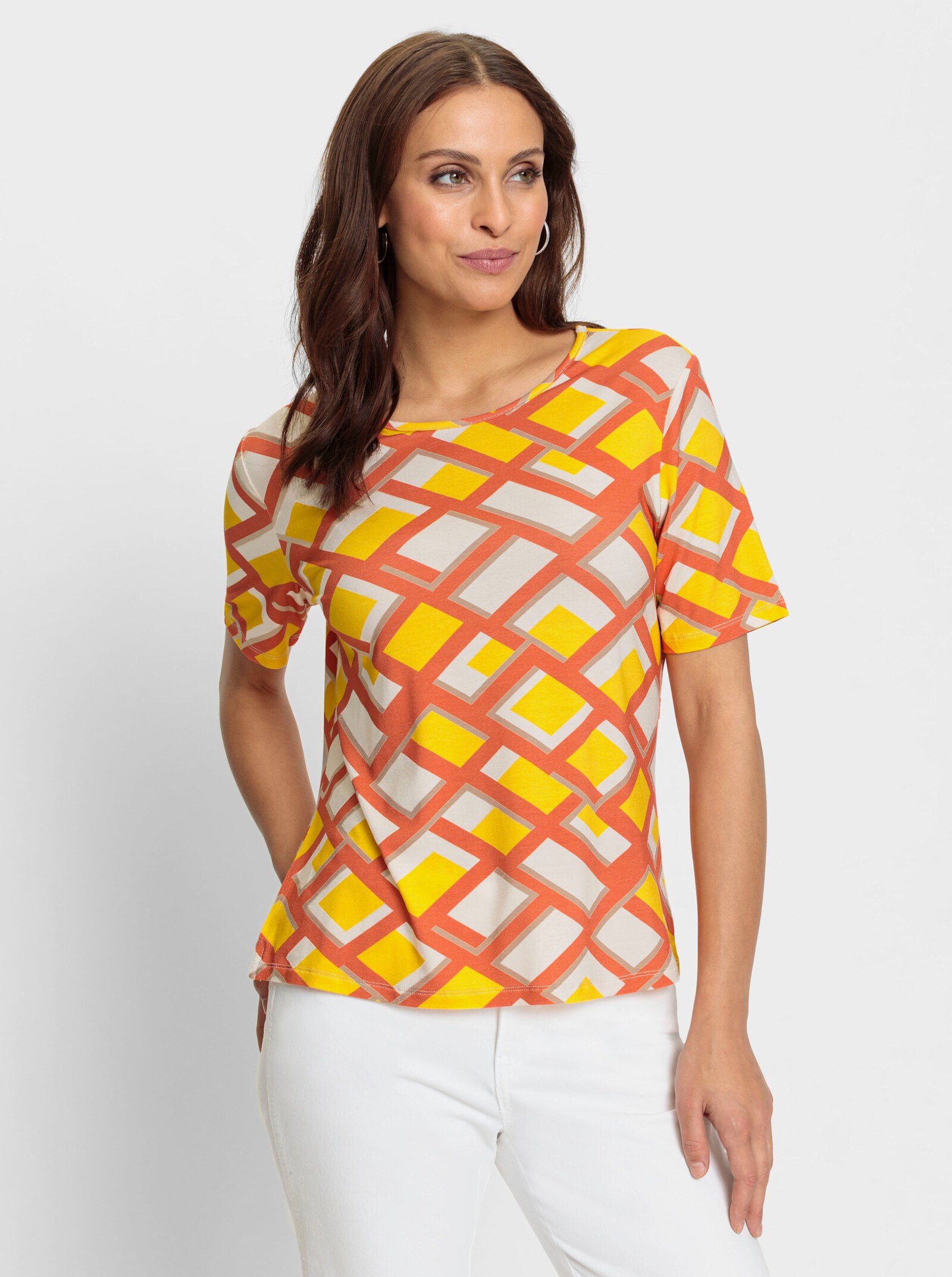 Shirt mit Seitenschlitzen - champagner-papaya-bedruckt