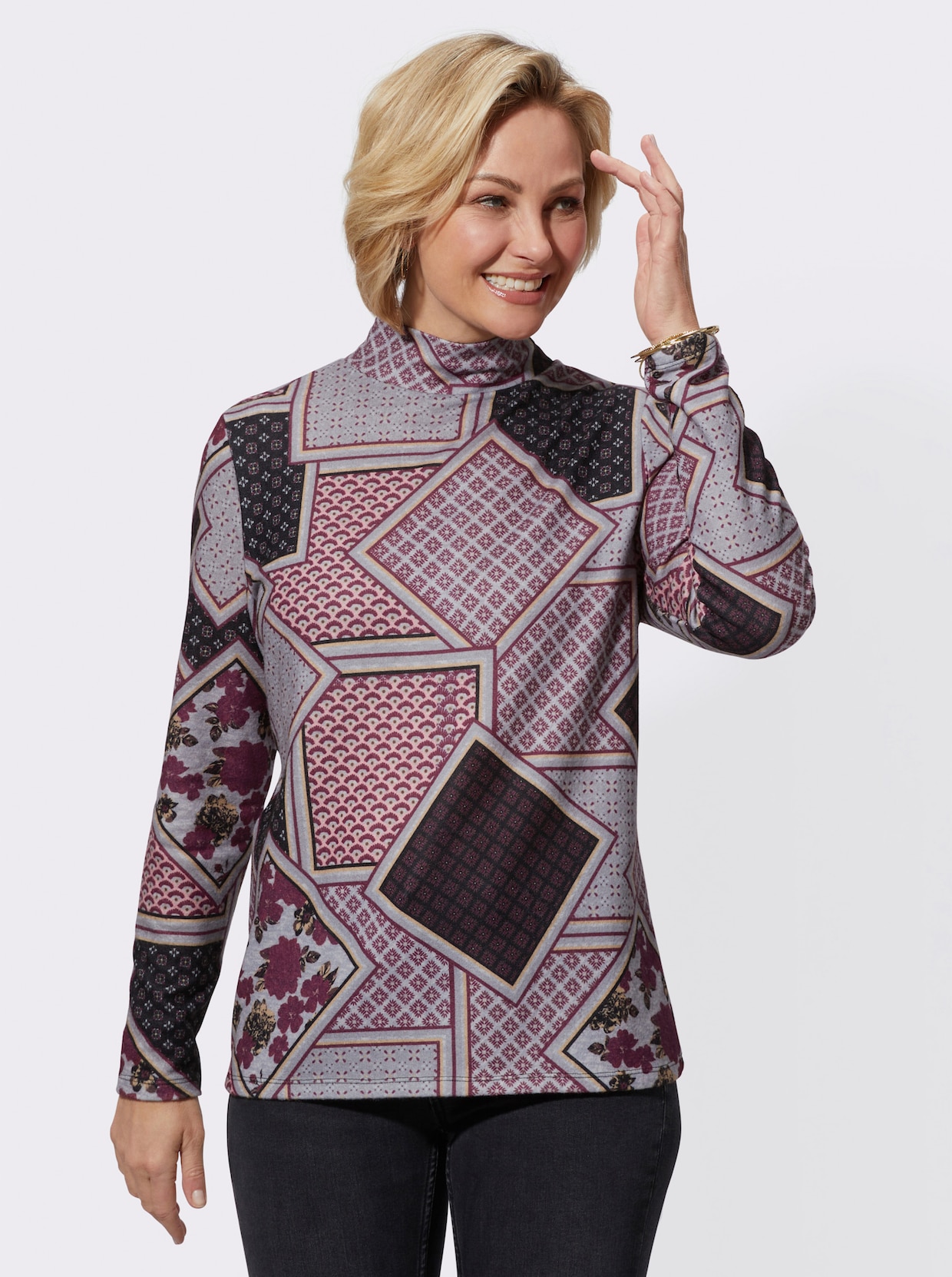 Shirt met opstaande kraag - bordeaux/steengrijs bedrukt