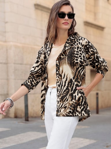 Sweatjacke mit Druckknopfleiste - schwarz-sand-bedruckt