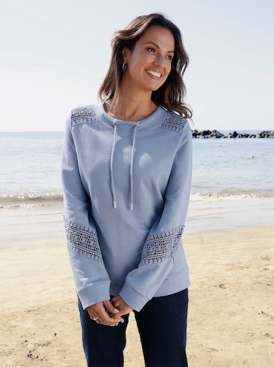 Sweatshirt mit Spitzeneinsatz - taubenblau