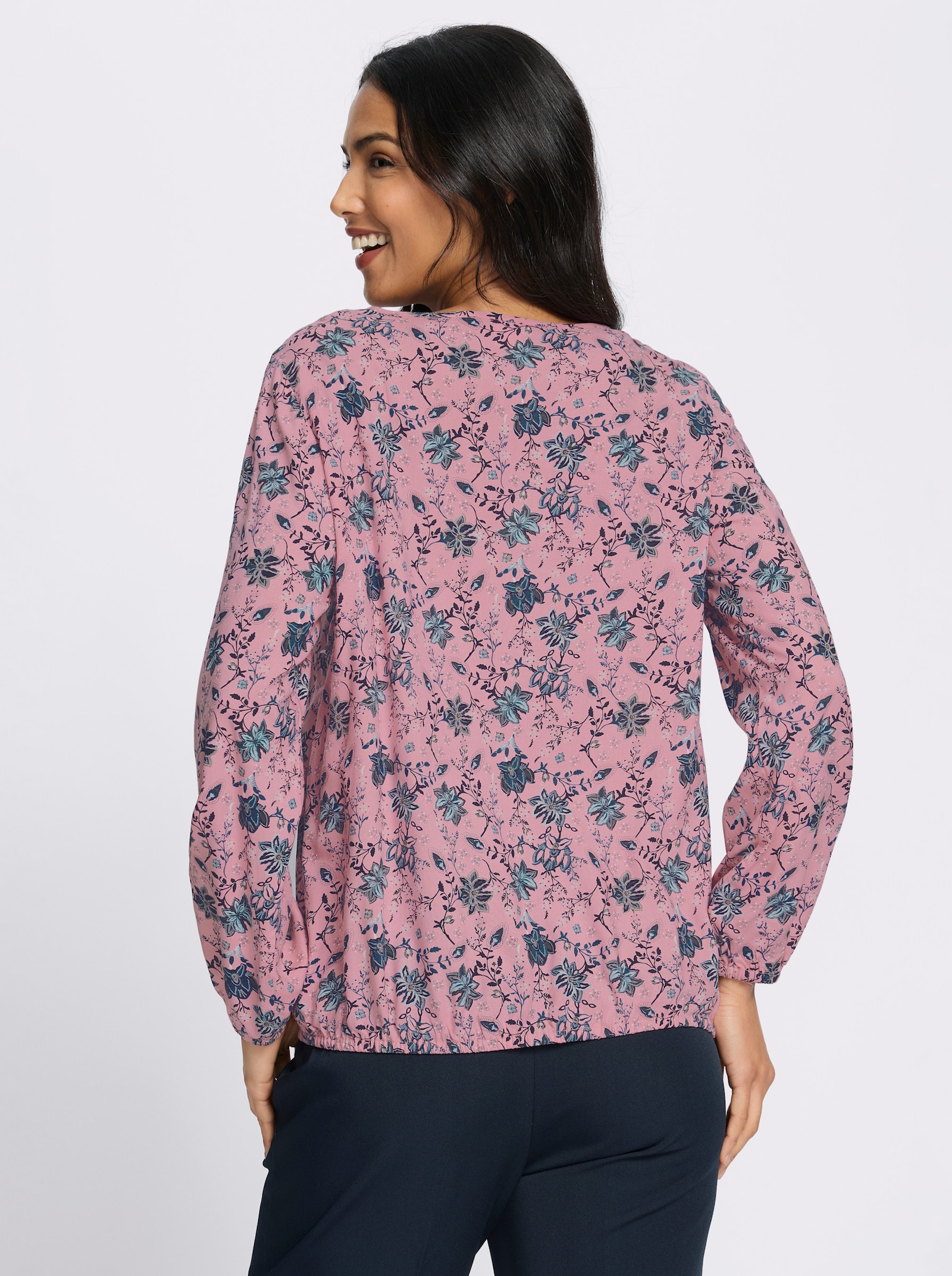 Schlupfbluse mit Raffung am Ausschnitt - rosenquarz-marine-bedruckt