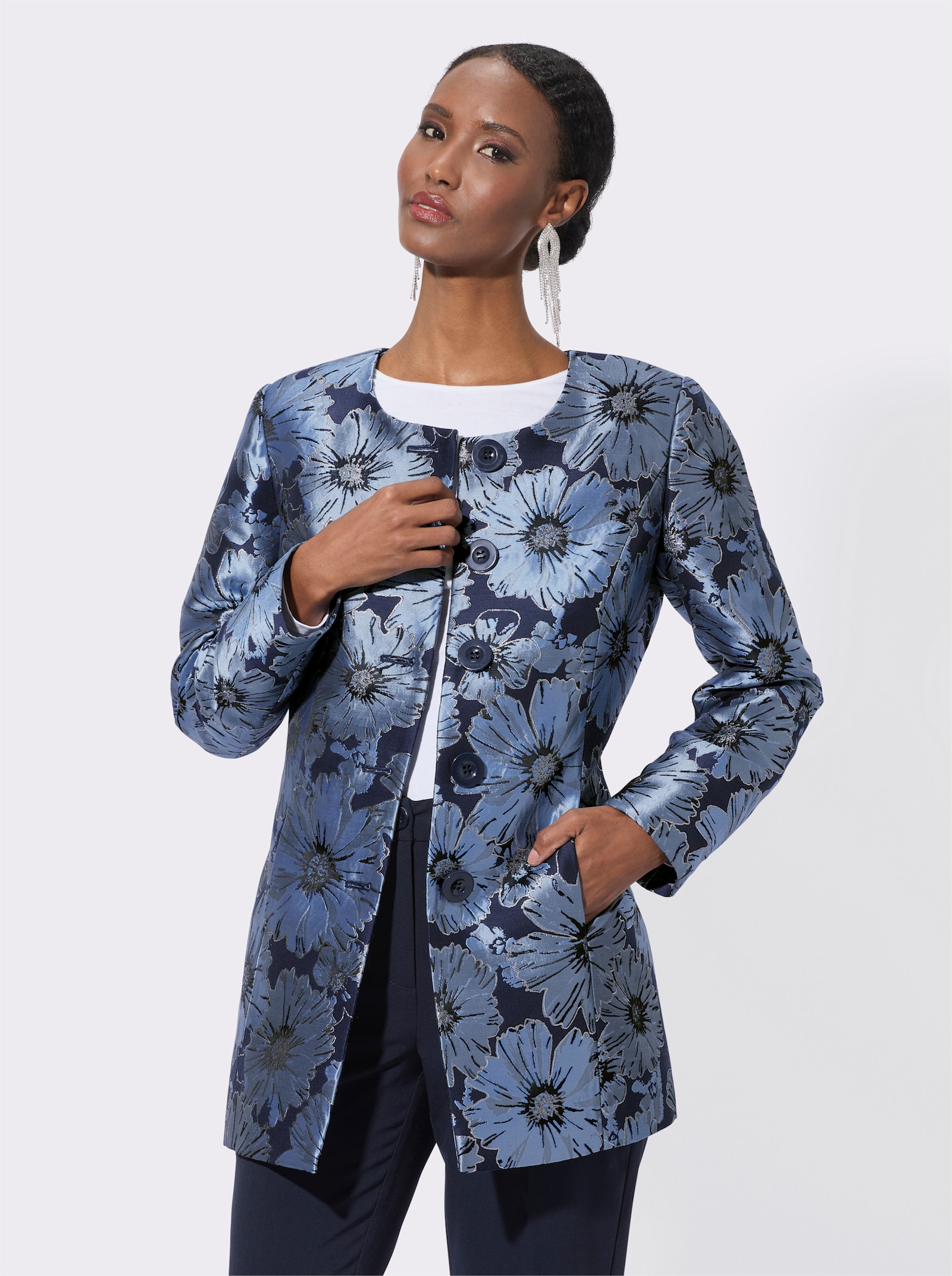 Longblazer in Blüten-Jacquardmuster - marine-bleu-gemustert