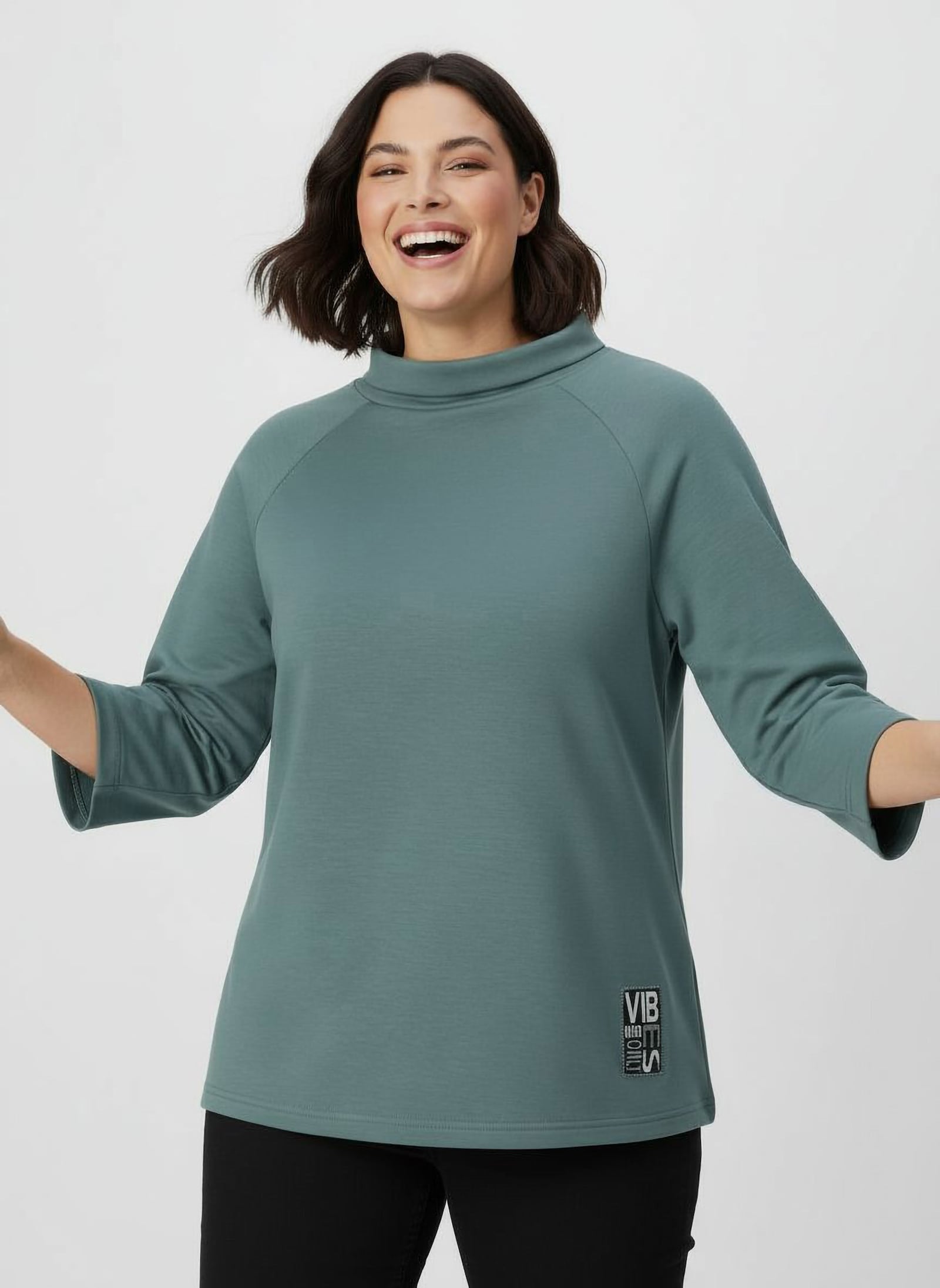 3/4-Arm-Shirt mit halsfernem Rollkragen - jade