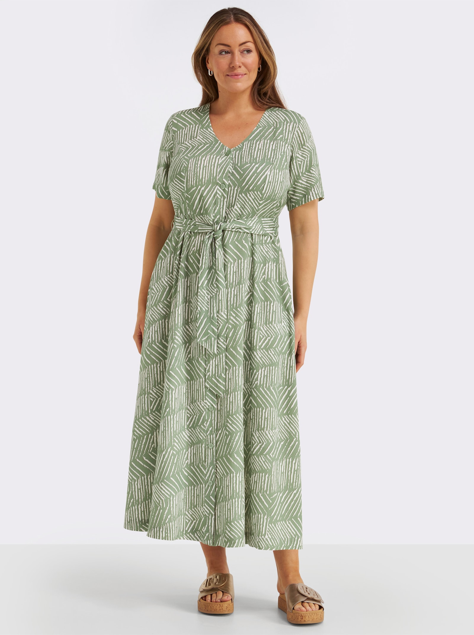 sheego Maxikleid mit Bindegürtel und Knopfleiste - eucalyptus-ecru-bedruckt