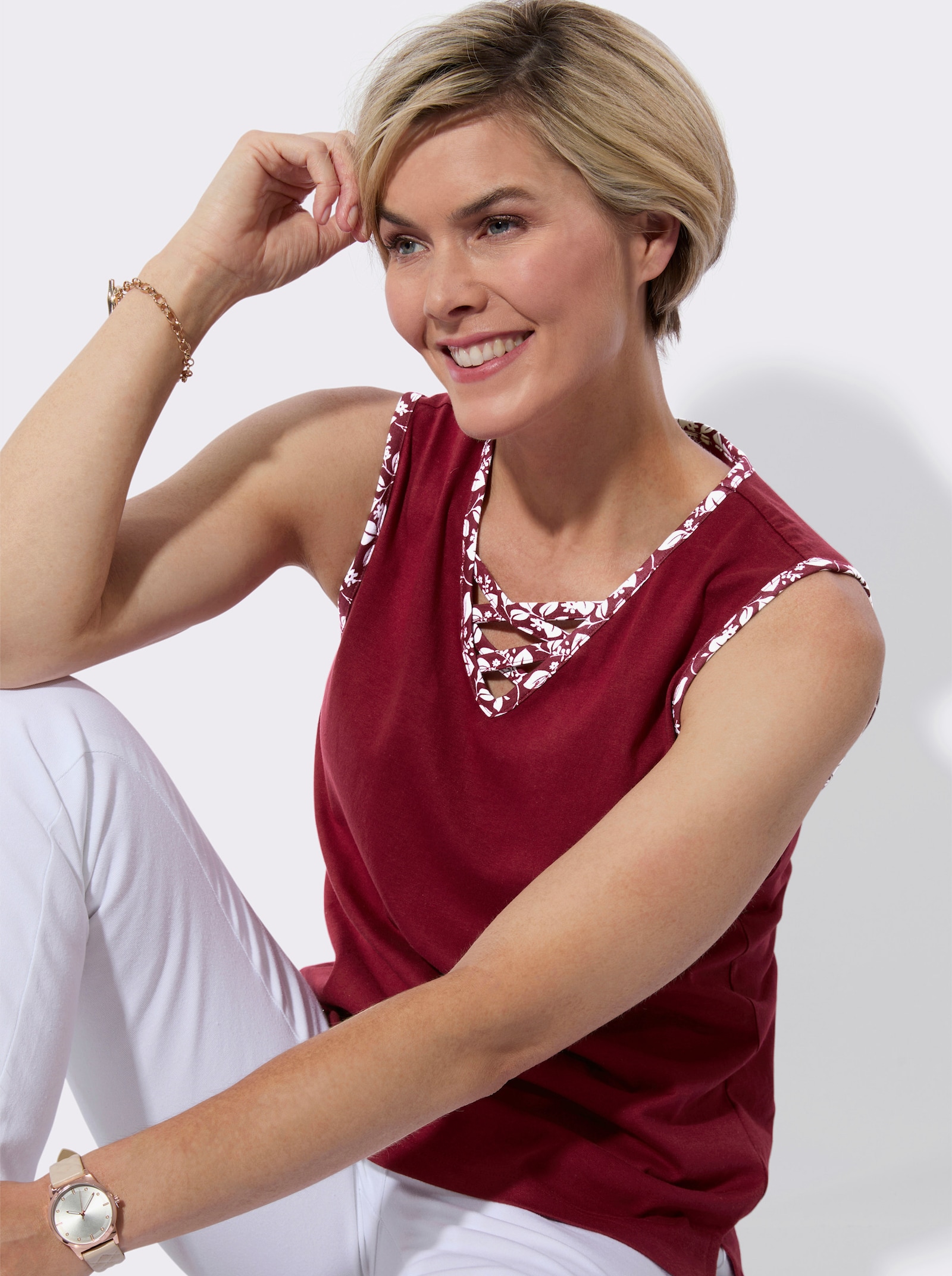 Shirttop mit gemusterter Paspelierung - dunkelrot