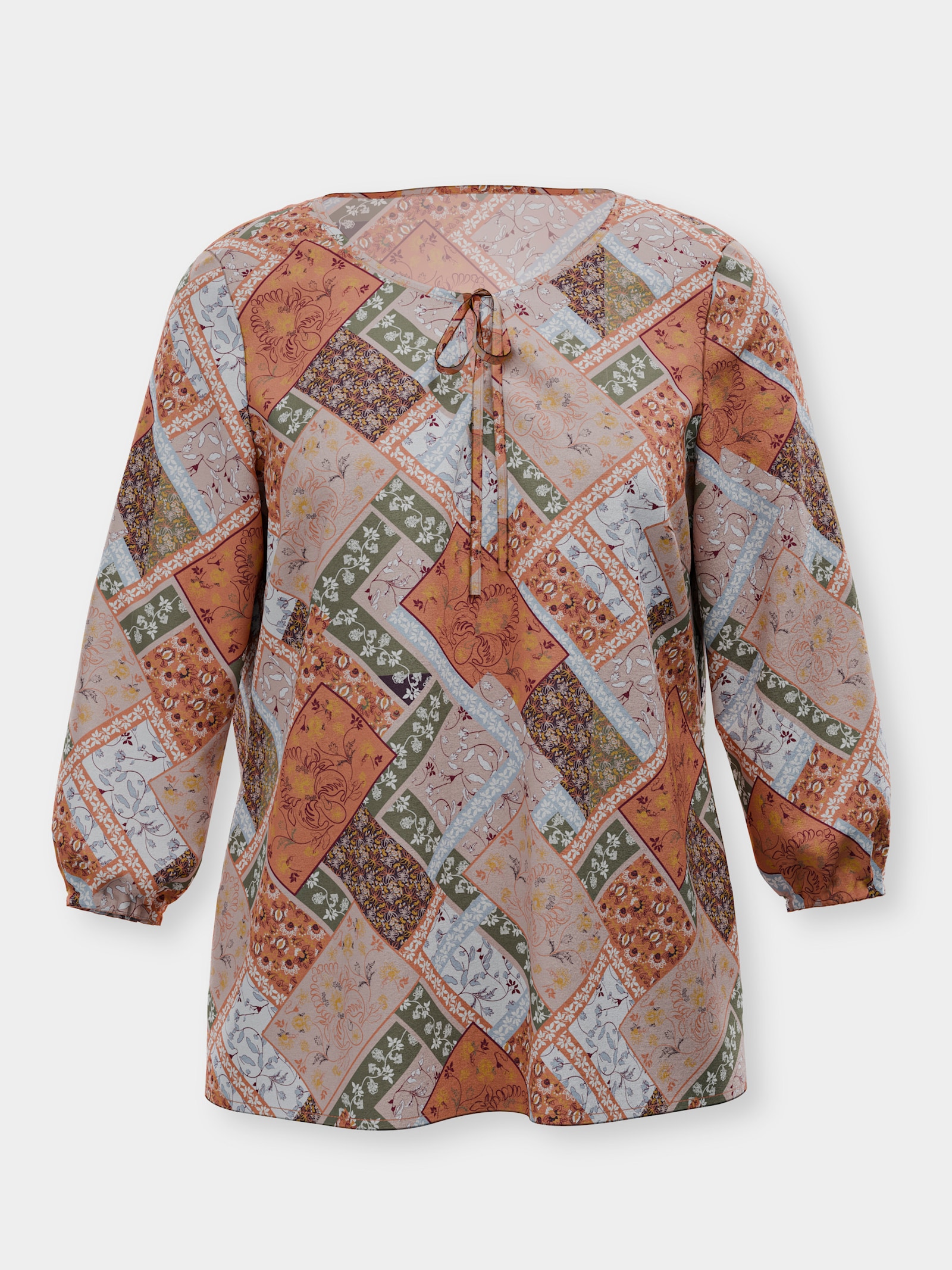 Druckbluse mit Patchwork-Muster - papaya-khaki-bedruckt