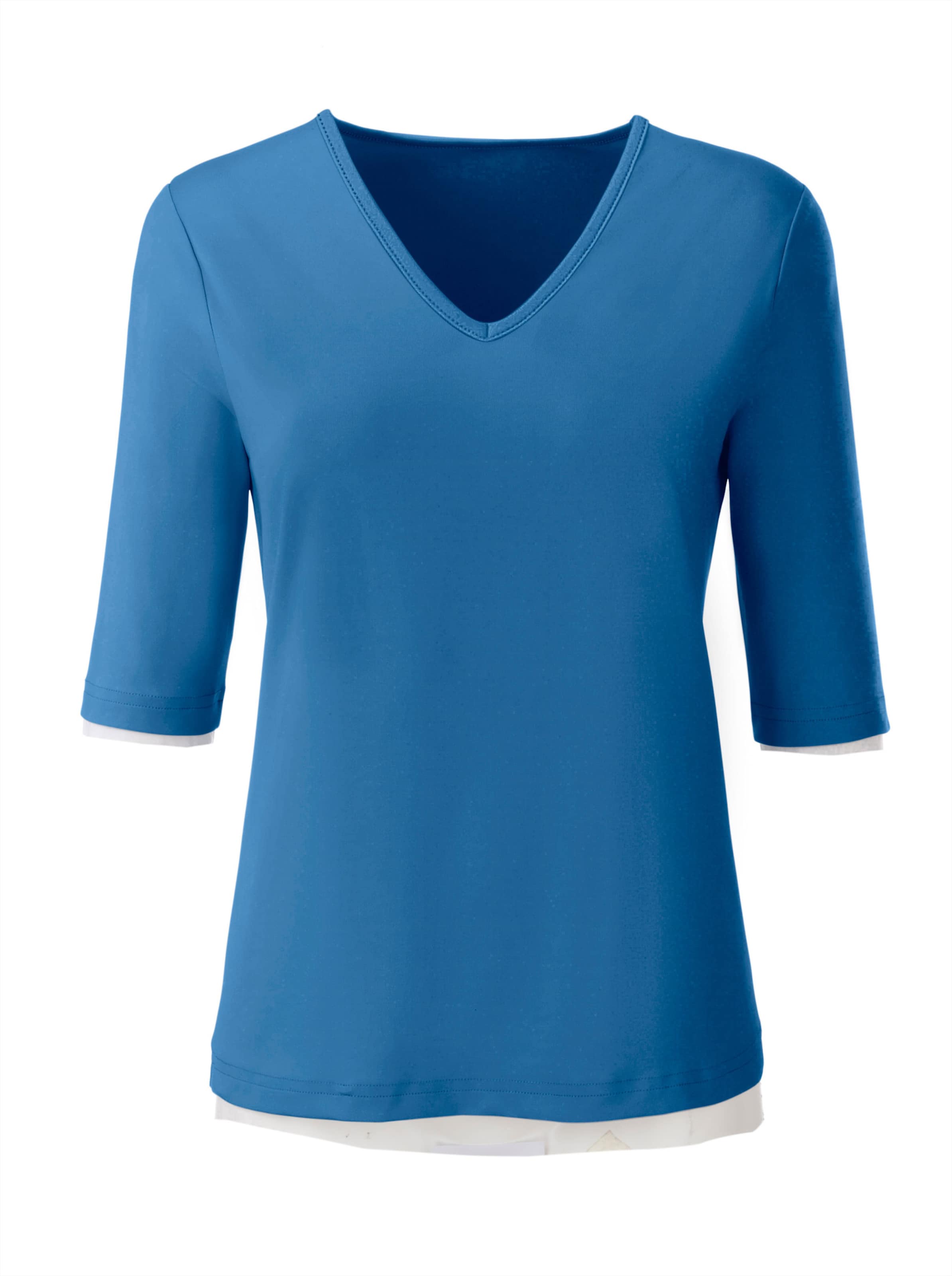 Lang Shirt  günstig Kaufen-V-Shirt in blau von heine. V-Shirt in blau von heine <![CDATA[Shirt mit V-Ausschnitt. Aus Tactel: herrlich weich, atmungsaktiv, dabei strapazierfähig, langlebig, knitterarm und pflegeleicht.]]>. 
