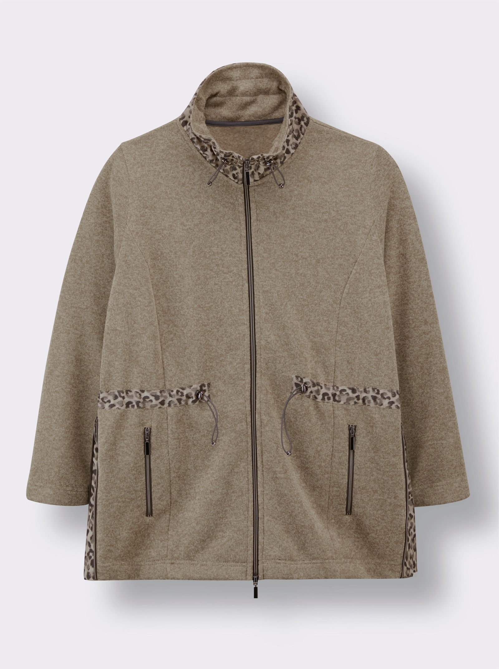 Strickfleecejacke mit Leo-Akzenten - sand-graphit