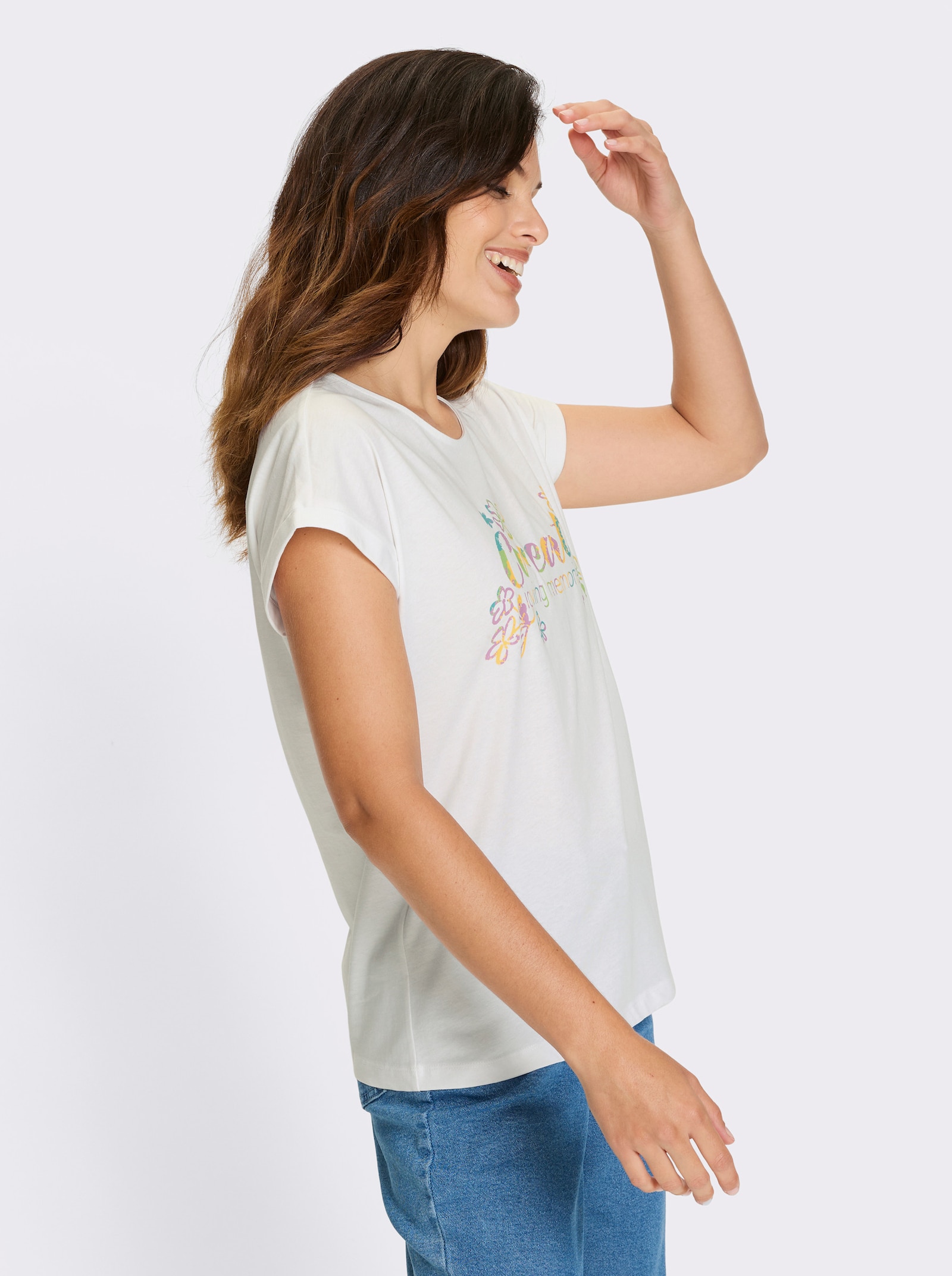 Kurzarmshirt mit Schriftzug - weiß-gelb