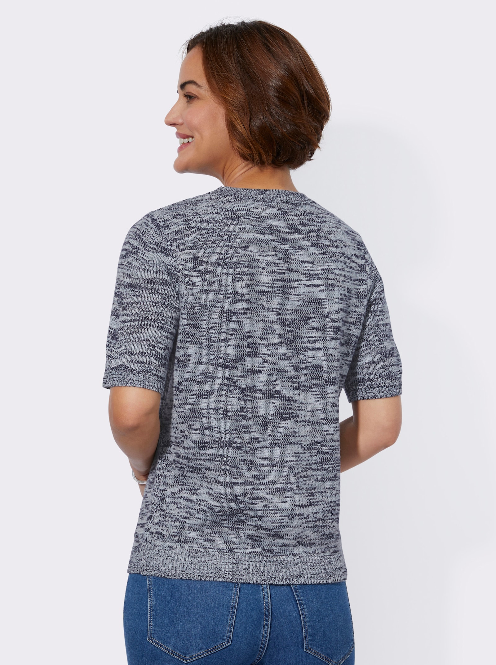 Ajourpullover aus Melange-Garn - hellblau-ecru-meliert