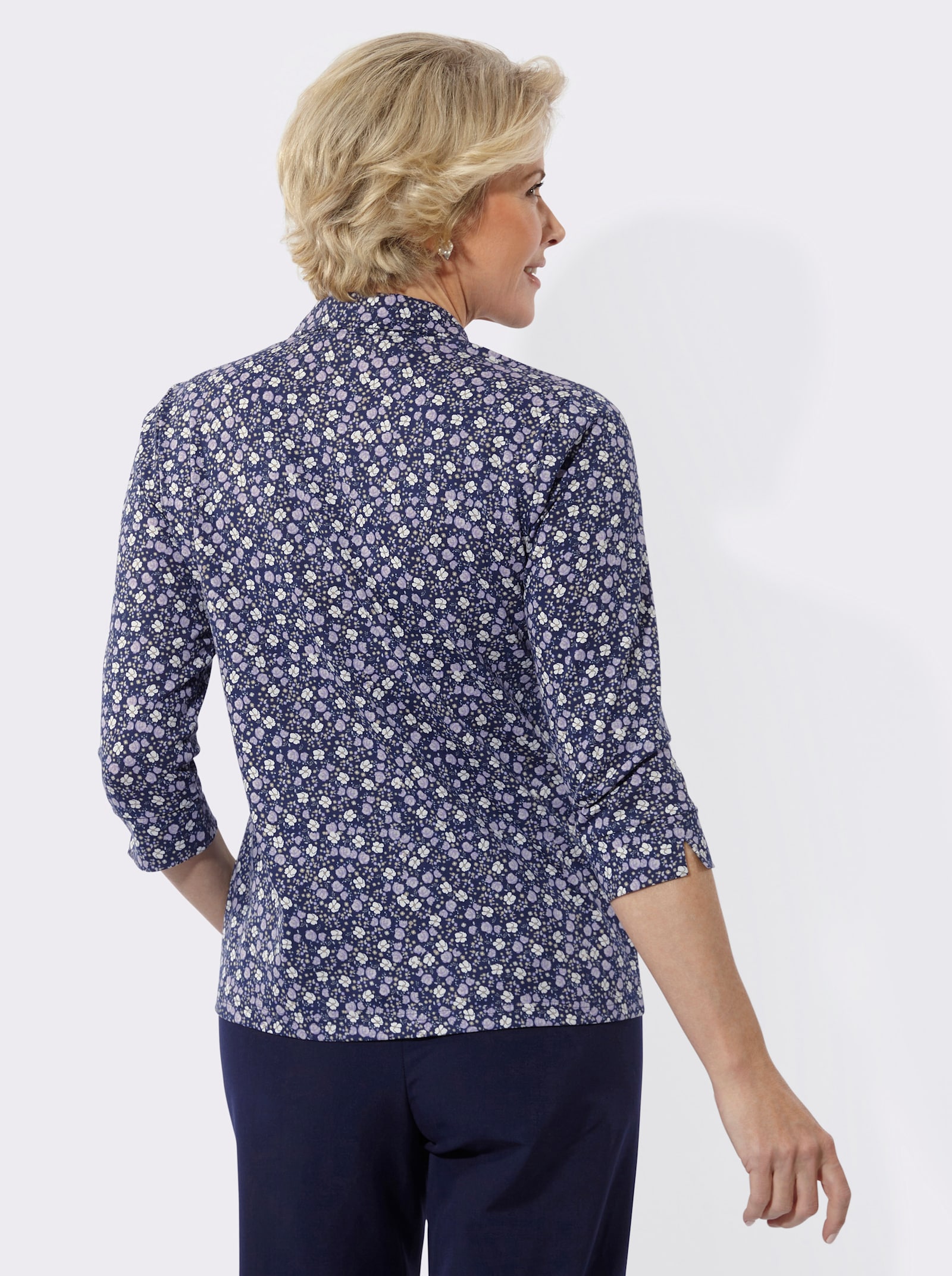 Poloshirt mit Glitzersteinchen - marine-lavendel-bedruckt