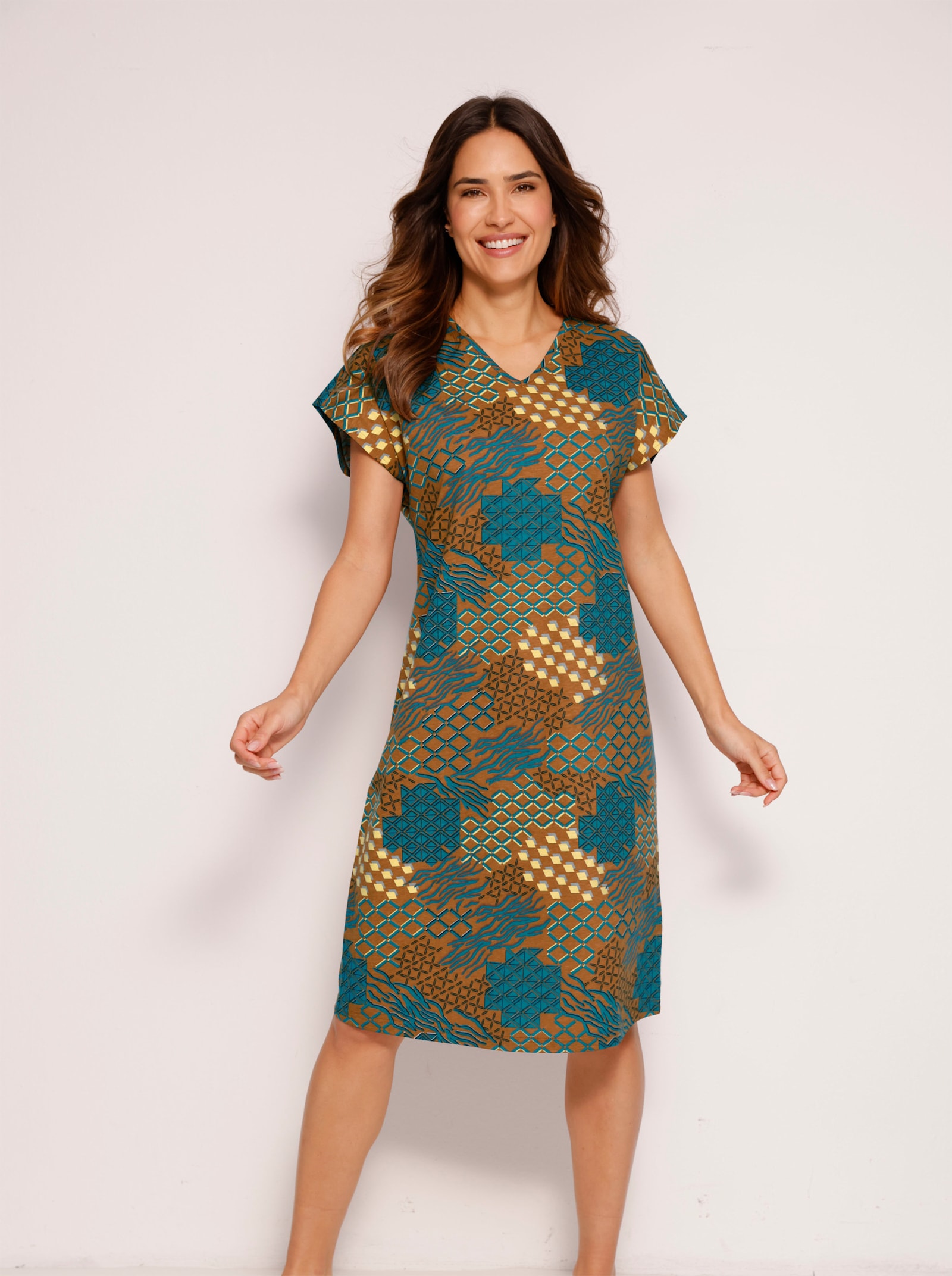 Sommerkleid mit Grafik-Print allover - rotbraun-petrol-bedruckt