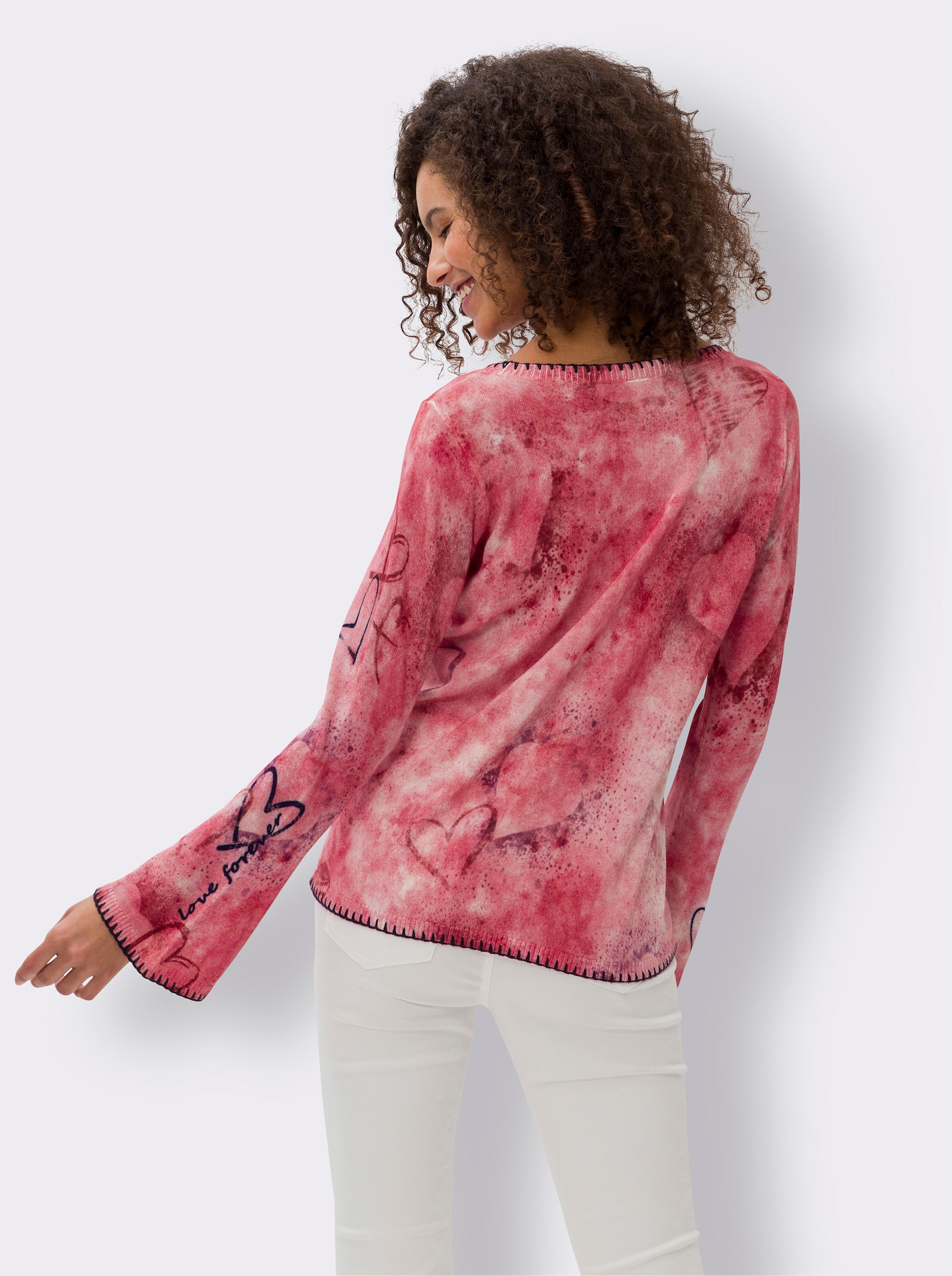 heine Langarm-Pullover mit Batikprint, Viskose-Mix - rot-ecru-bedruckt