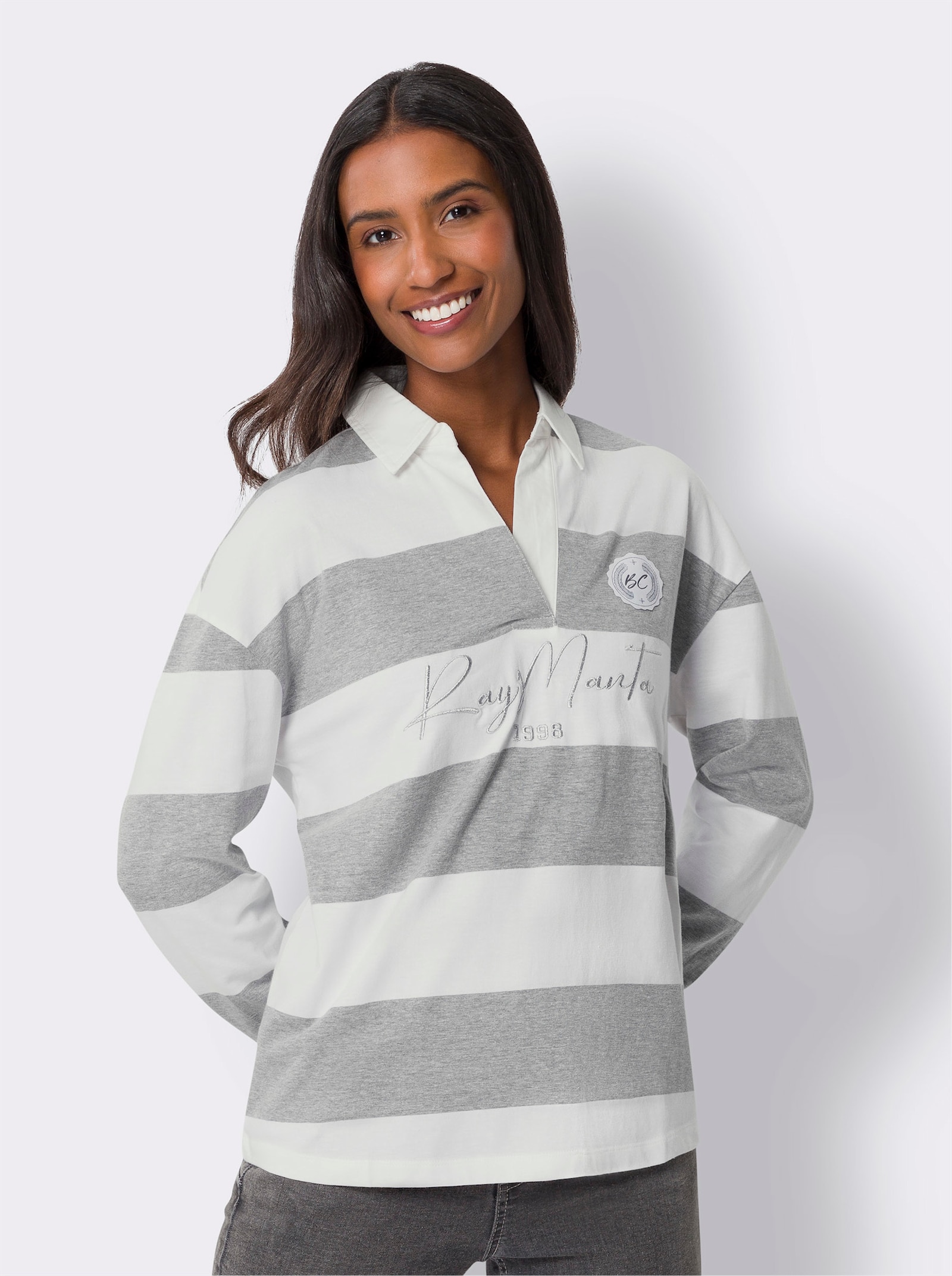 heine Langarm-Poloshirt mit Streifen - grau-ecru-bedruckt