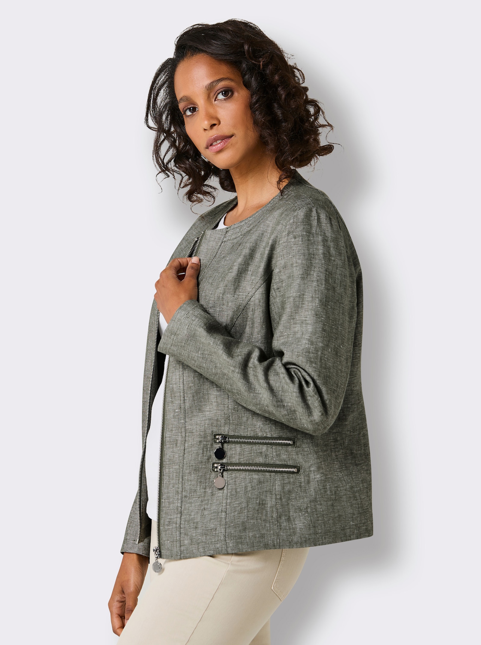 CREATION L PREMIUM Leinenblazer mit Reißverschluss-Taschen - khaki-weiß-meliert
