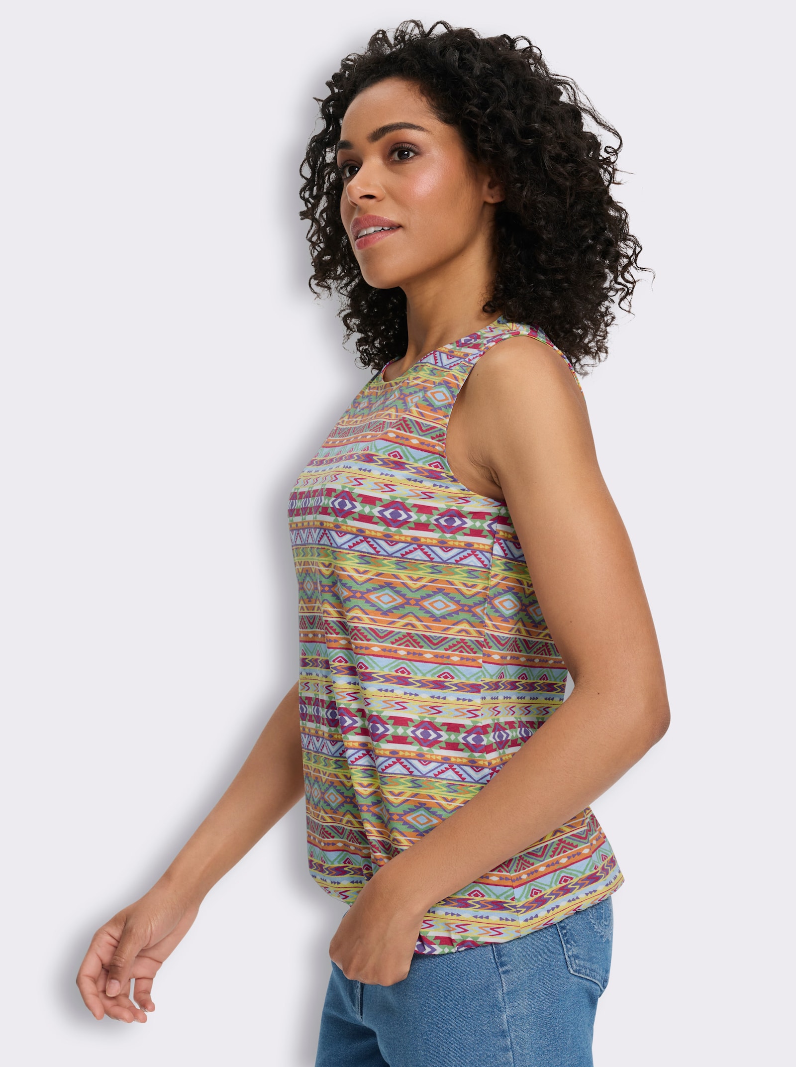 Shirttop met etnoprint - citroen/lila bedrukt