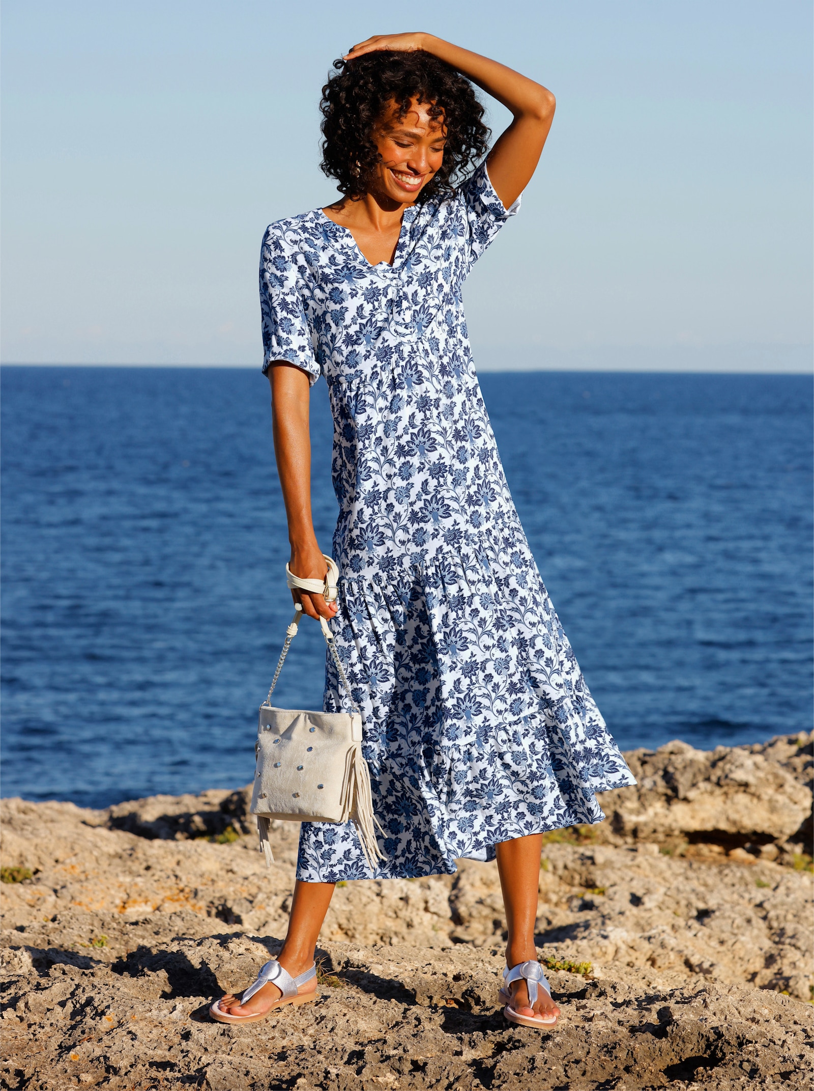 heine Druckkleid mit Ornament-Druck - ecru-jeansblau-bedruckt