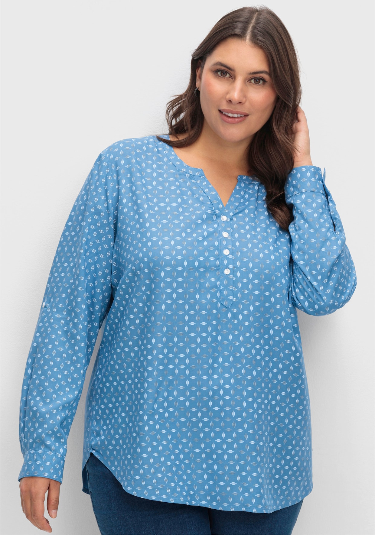 Schlupf-Bluse - mittelblau-weiß-bedruckt