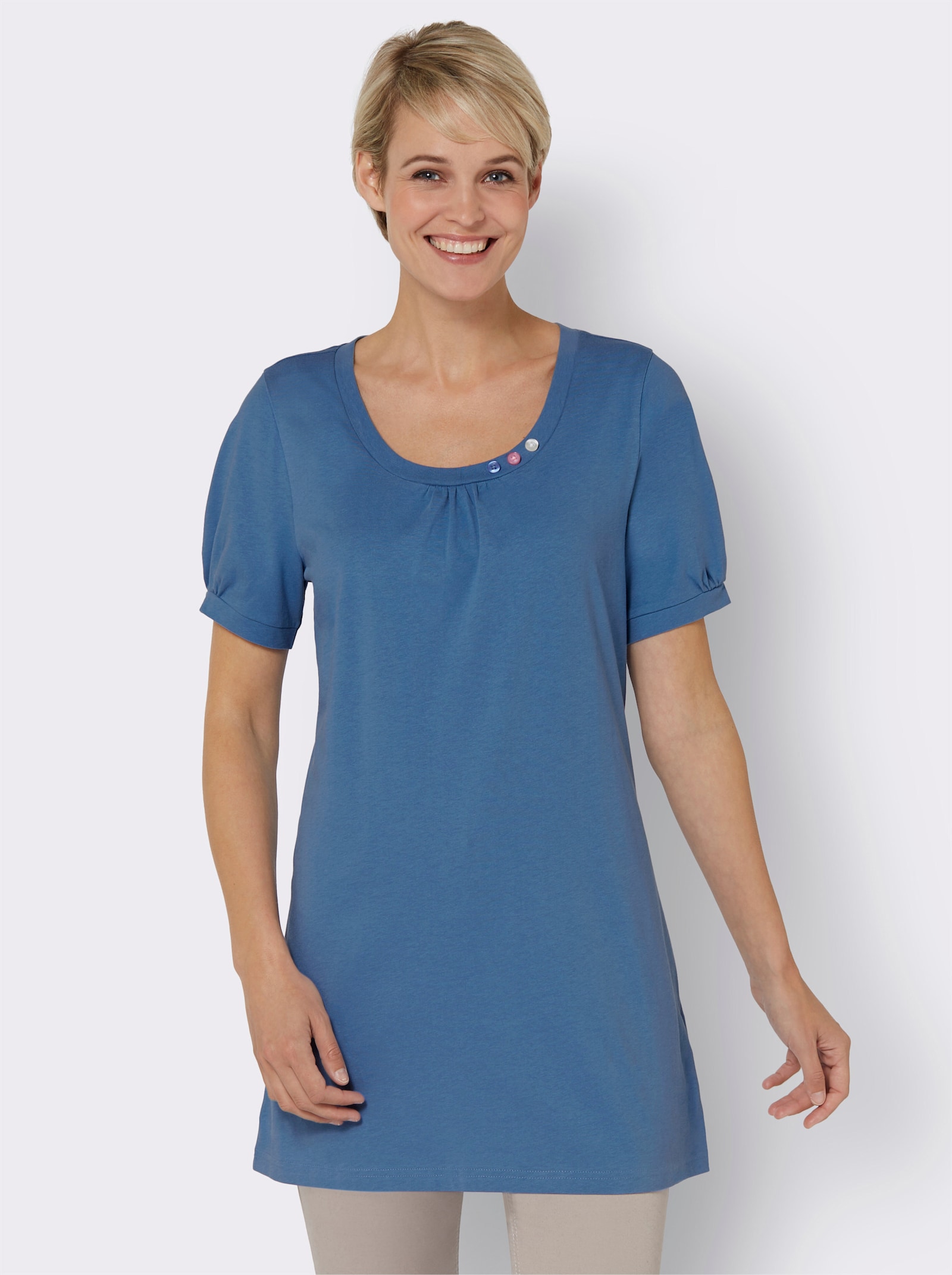 Lang shirt met gerimpelde hals - middenblauw