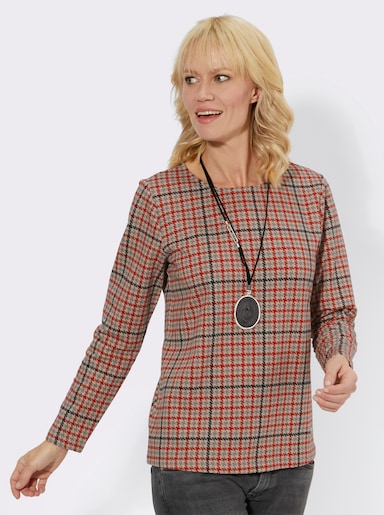 Langarmshirt mit Rundhals-Ausschnitt - beige-rostrot-bedruckt