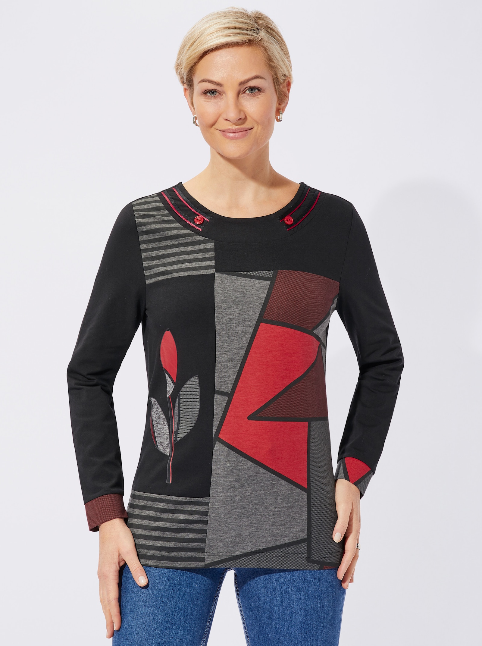Shirt met ronde hals in patchdessin - zwart/rood gedessineerd