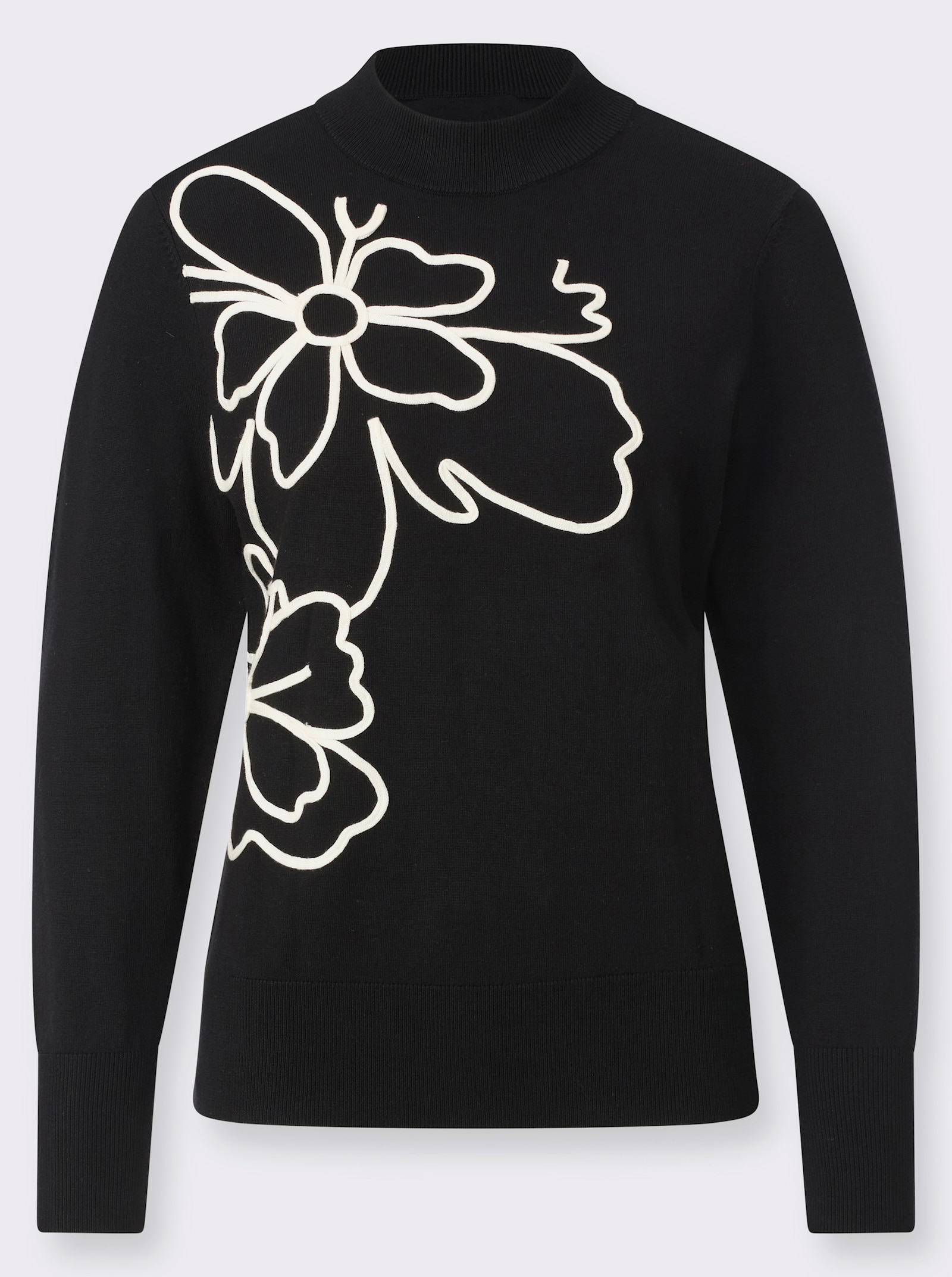 Langarm-Pullover mit platziertem Blumenmotiv - schwarz