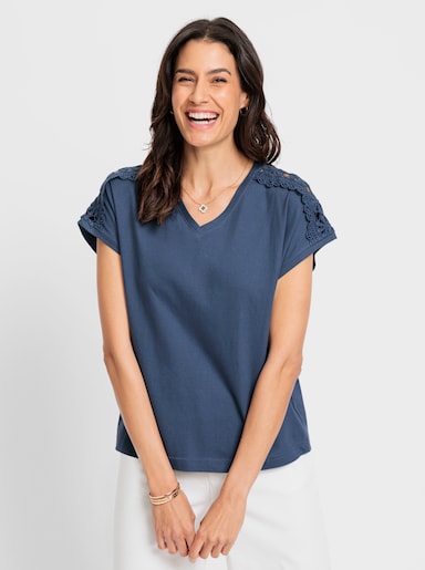 V-Shirt mit Crochet-Spitze - jeansblau