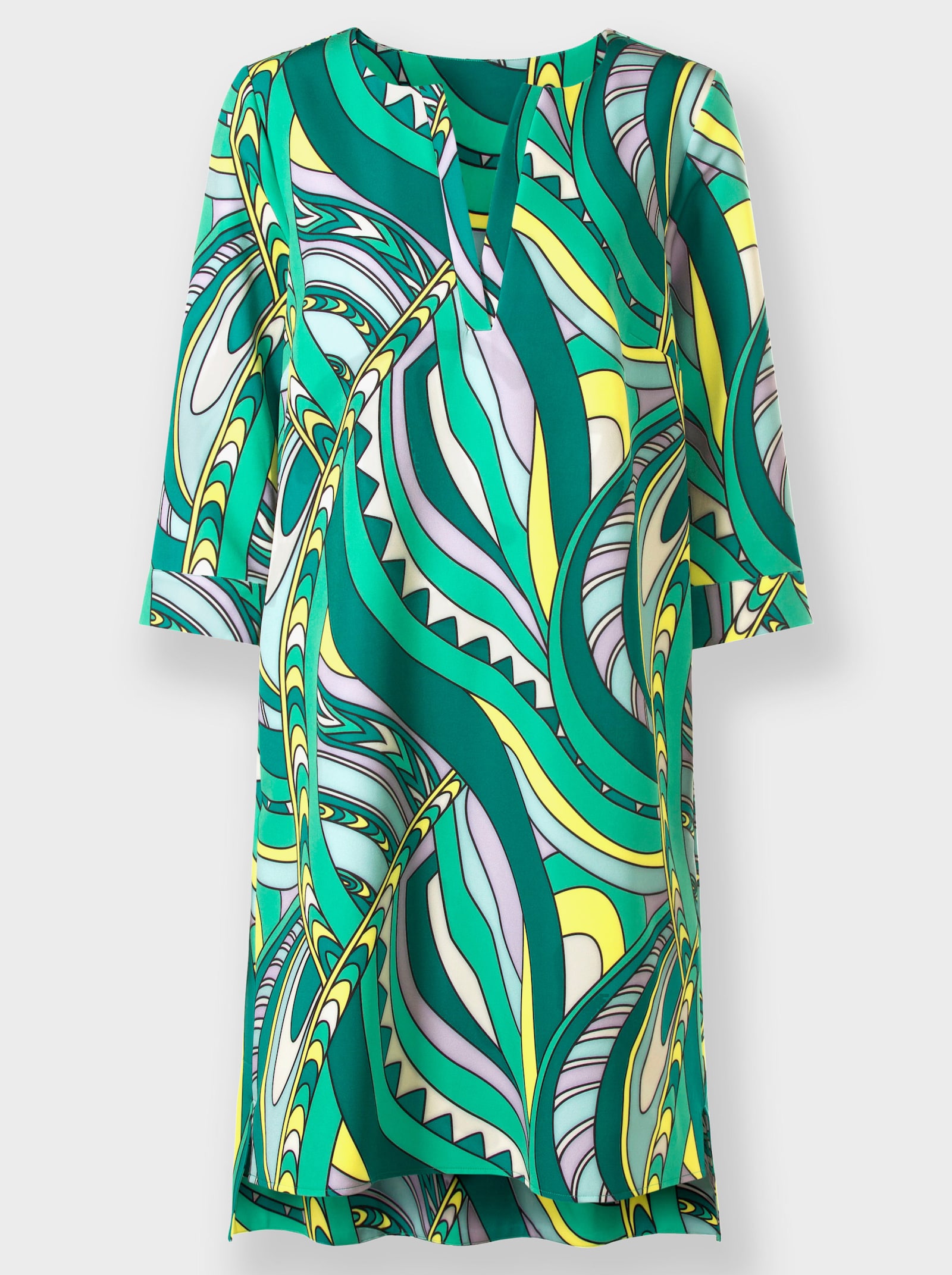 heine Webkleid mit Nahttaschen - grasgrün-champagner-bedruckt