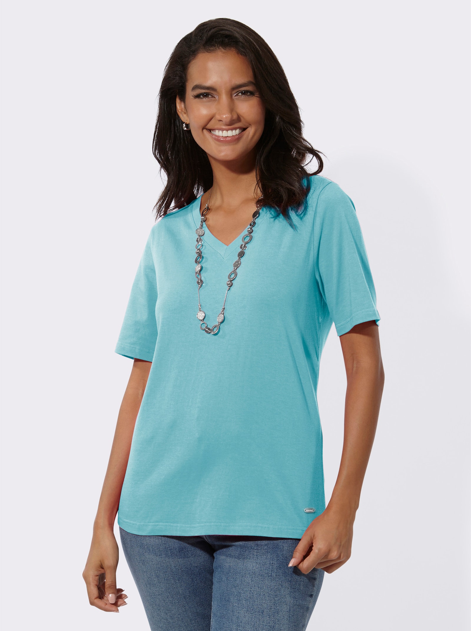 Kurzarmshirt mit V-Ausschnitt - aquamarin