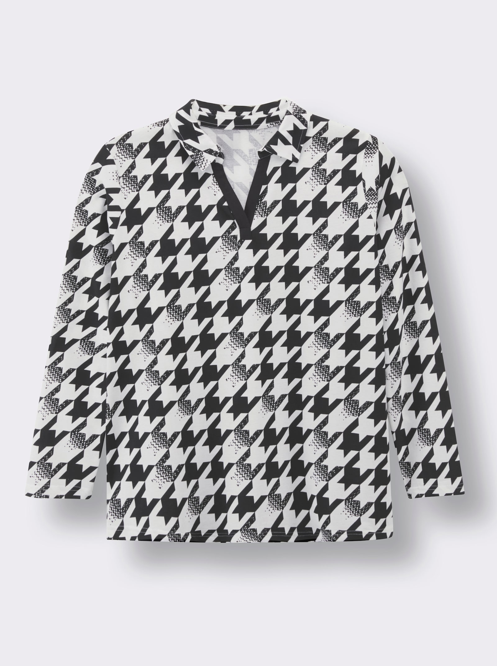 Langarmshirt mit Hahnentritt-Muster - schwarz-ecru-bedruckt