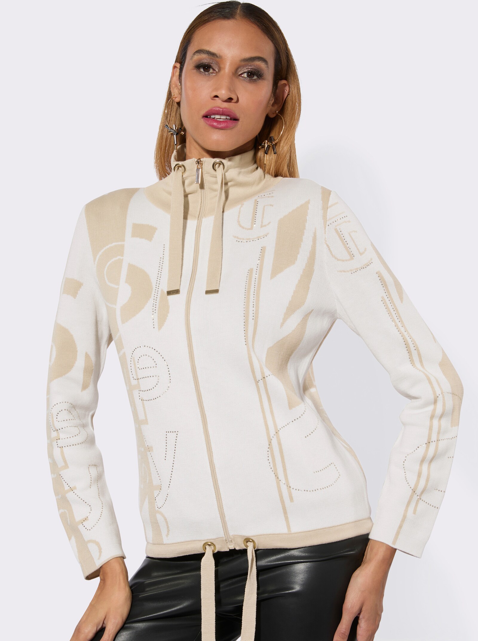 Jacquardstrickjacke mit Reißverschluss - sand-ecru-gemustert