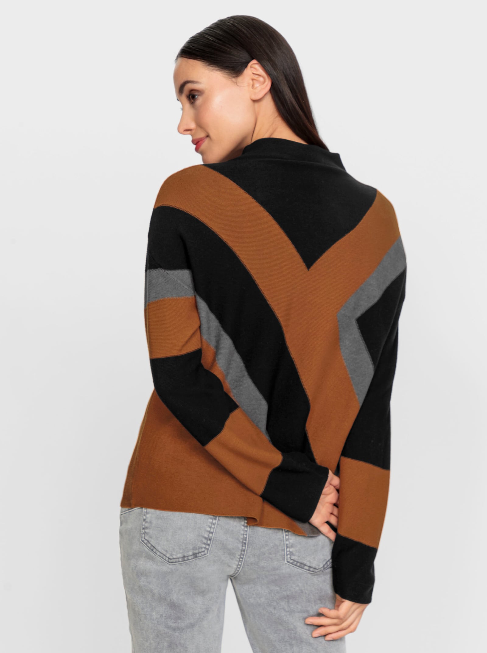 heine Stehkragenpullover mit Intarsienstrick - schwarz-cognac-gemustert
