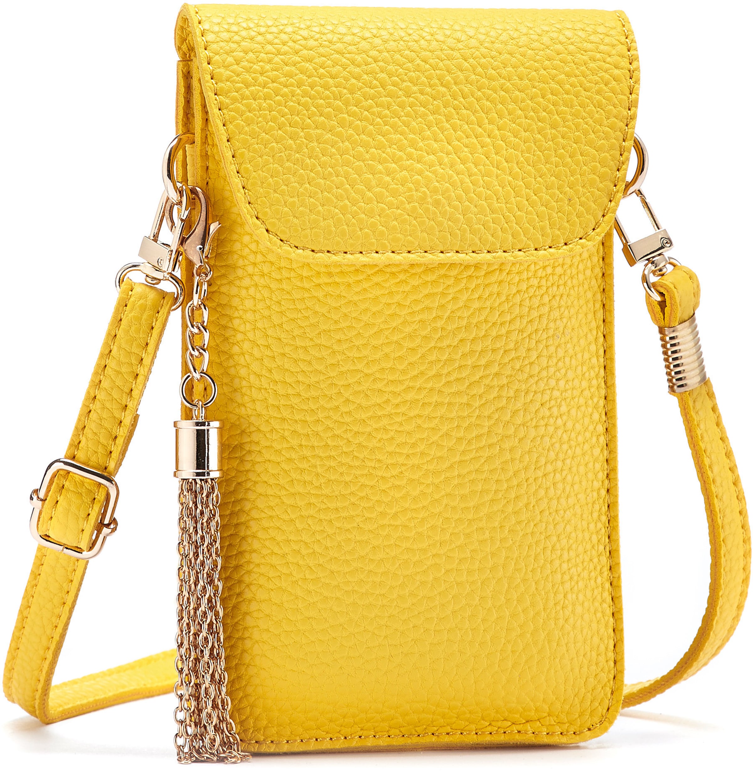 Tasche aus günstig Kaufen-Umhängetasche in gelb von LASCANA. Umhängetasche in gelb von LASCANA <![CDATA[Handytasche mit Durchsicht VEGAN von LASCANA. Aus Lederimitat, Maße (H/B/T):19/11/1,5cm]]>. 