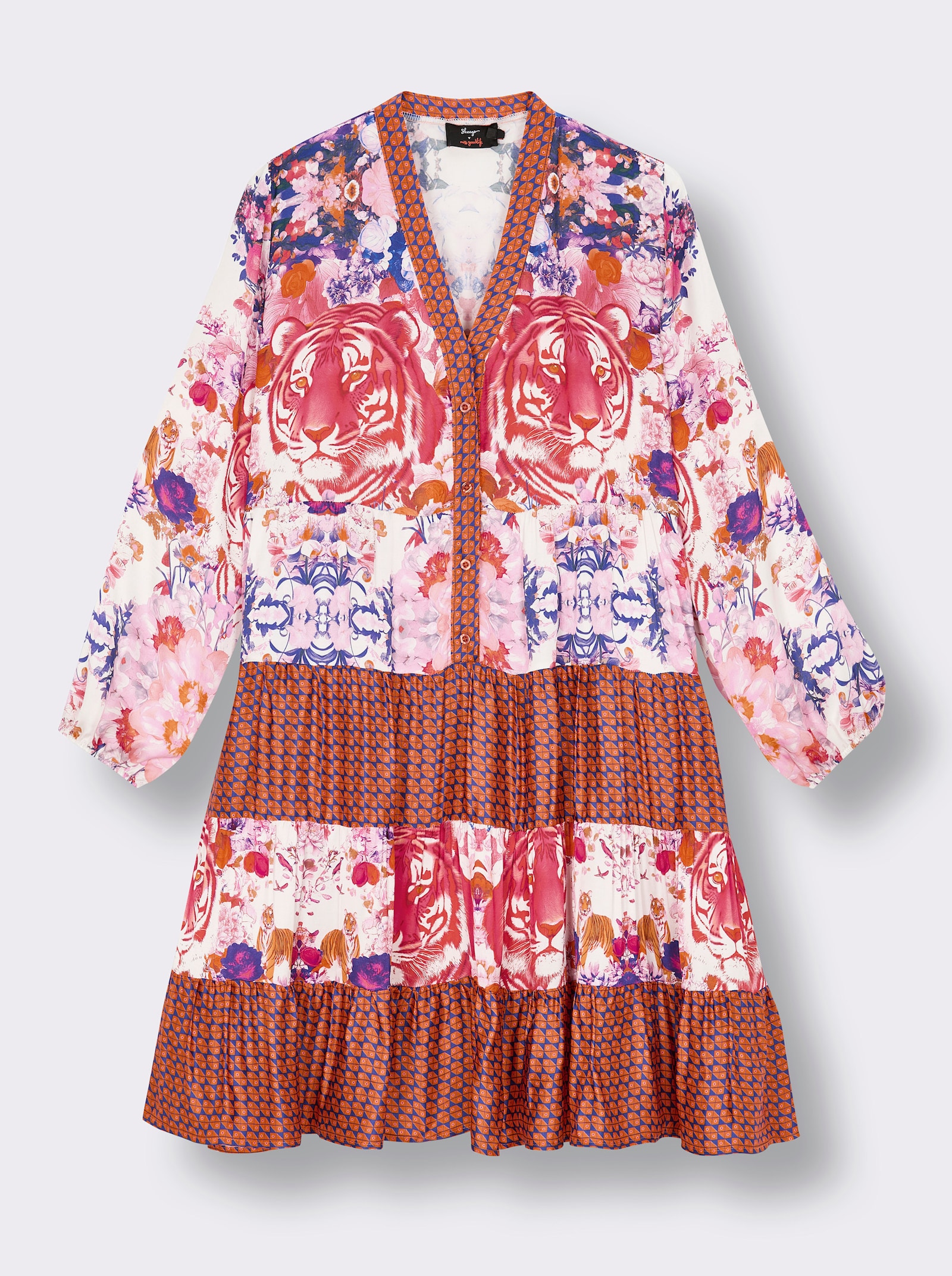 sheego loves miss goodlife A-Linien-Kleid mit stufigem Volant - ecru-lila-bedruckt