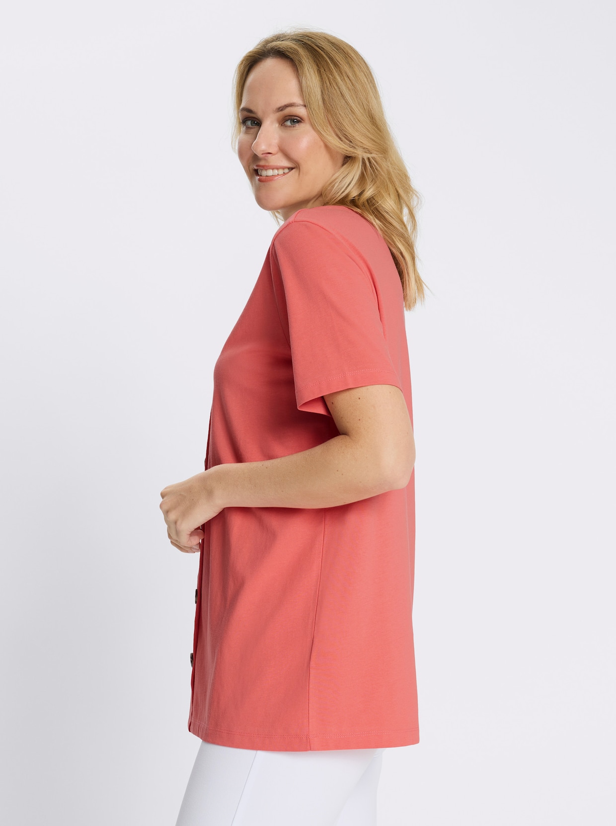 Longshirt mit Zierknopfleiste - koralle