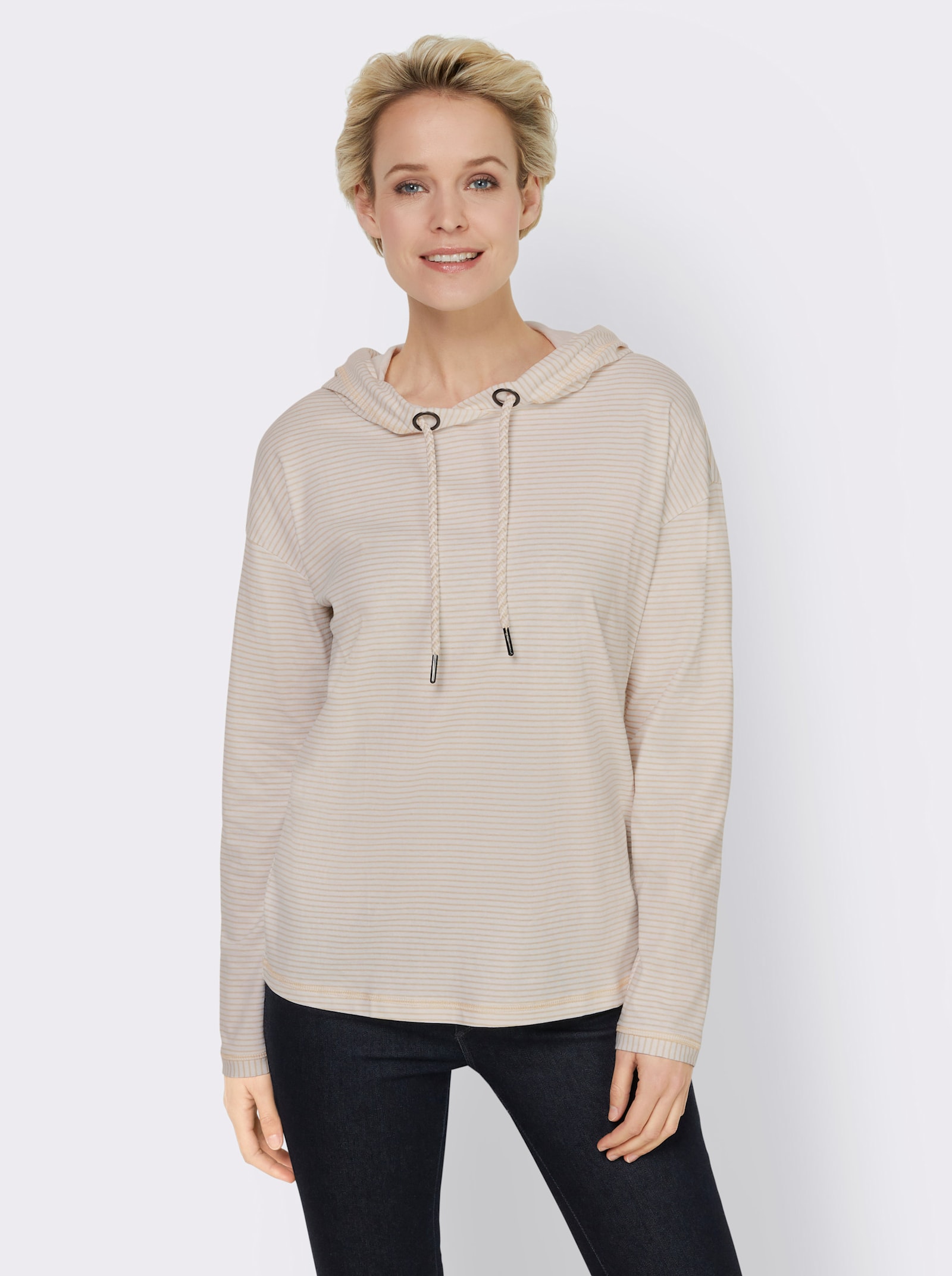 heine Kapuzenshirt in Ringel-Optik - sand-weiß-bedruckt