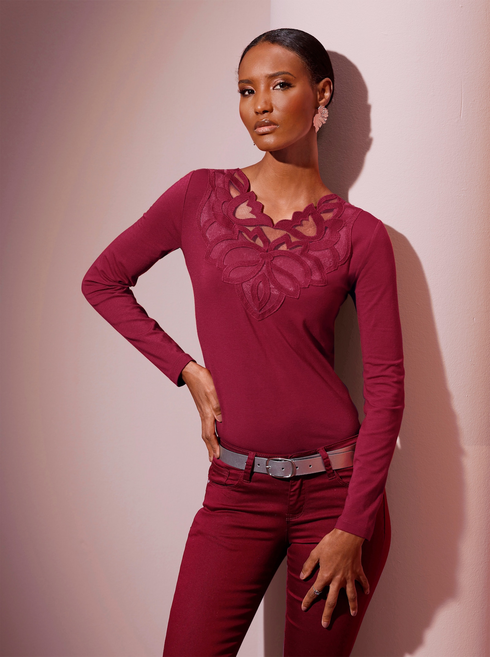 Langarmshirt im feinen Baumwoll-Modal-Mix - dunkelrot