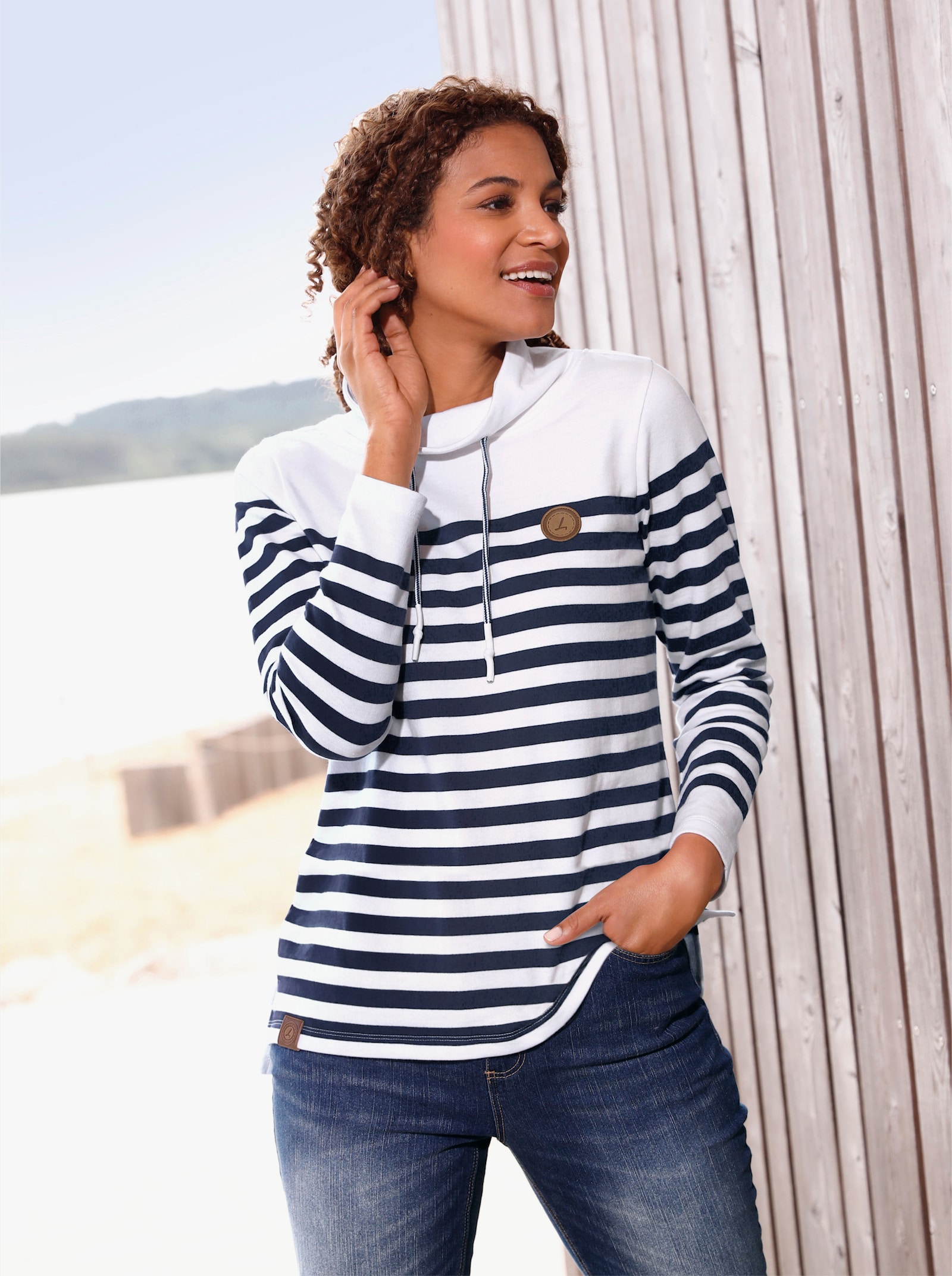 Sweatshirt mit verlängertem Rückteil - weiss-marine-geringelt