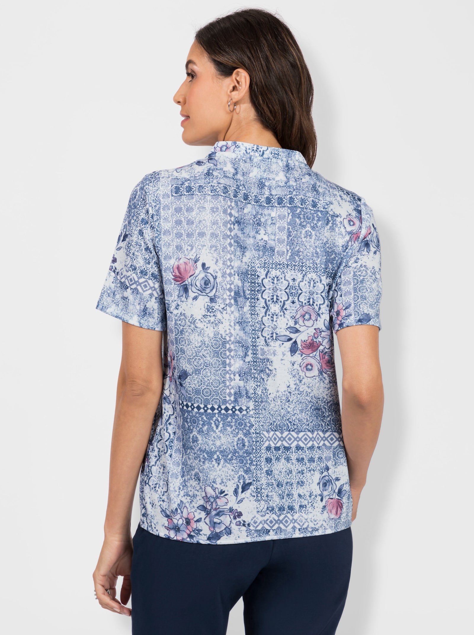Print-Shirt in Strick-Optik - ecru-taubenblau-bedruckt