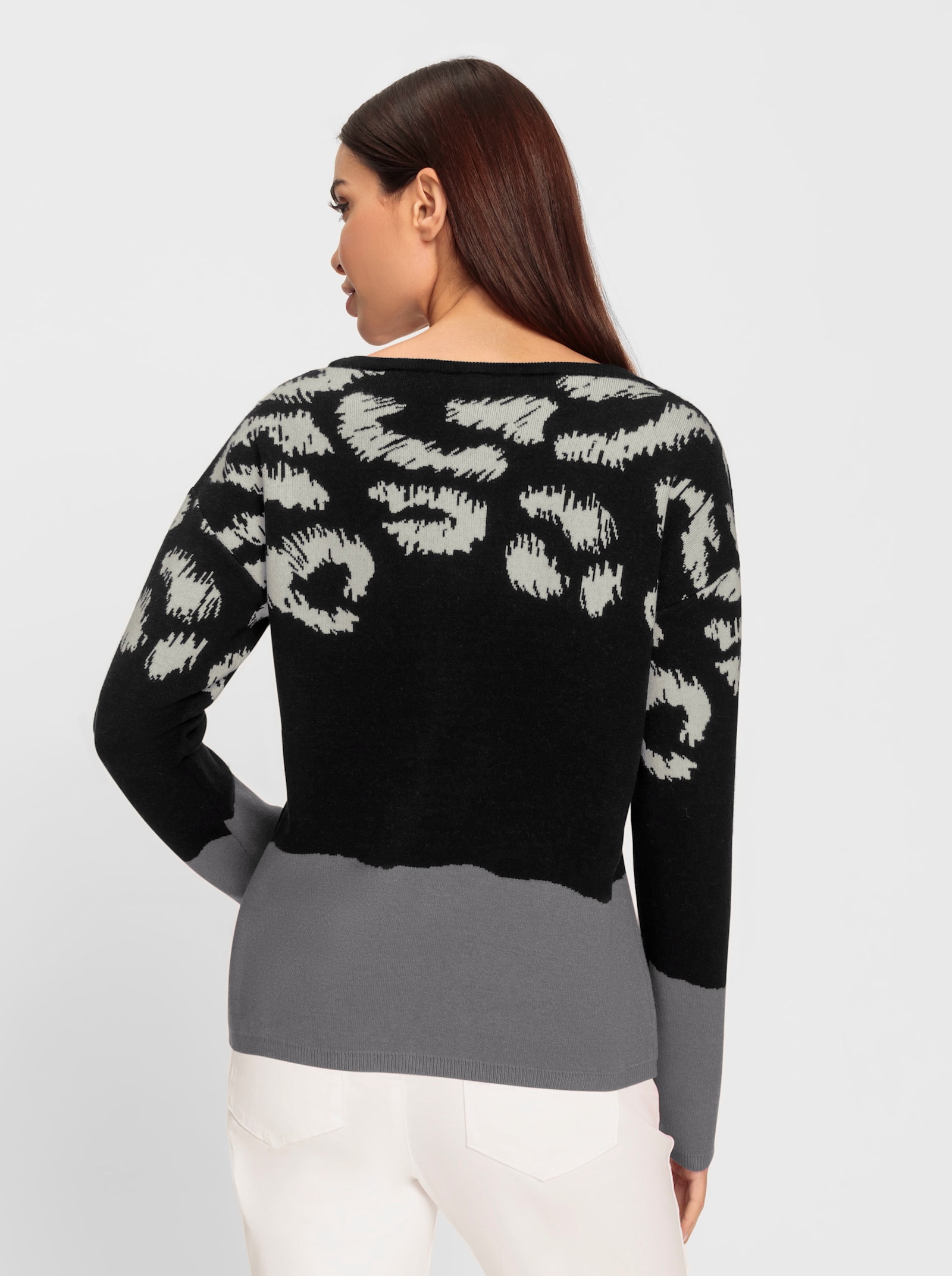 heine Langarm-Pullover mit U-Boot-Ausschnitt - grau-schwarz-gemustert