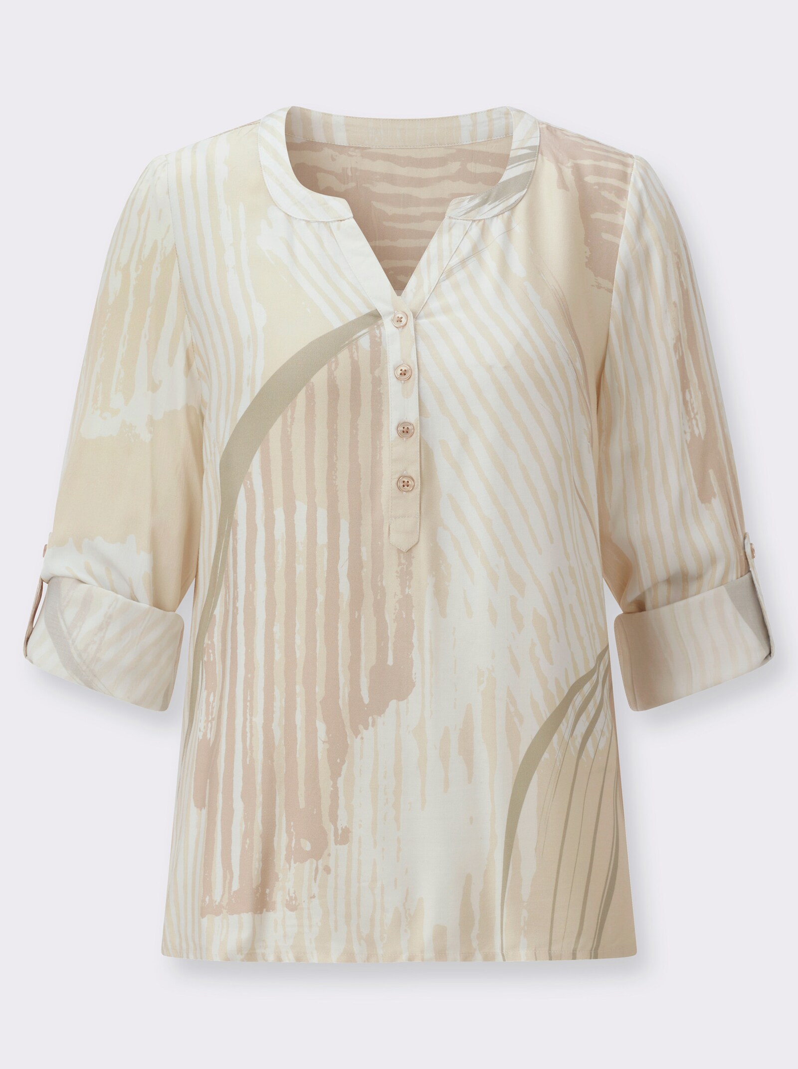 Druckbluse mit Krempelärmel - sand-beige-bedruckt