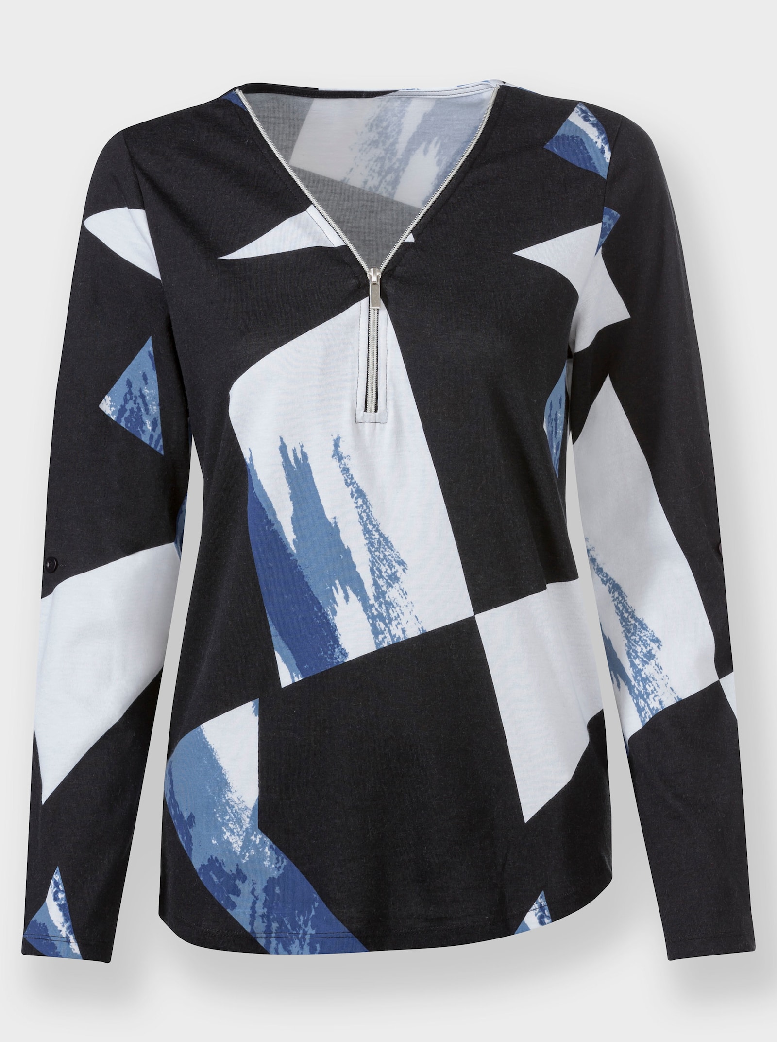 Shirt mit krempelbaren Ärmeln - schwarz-royalblau-gemustert