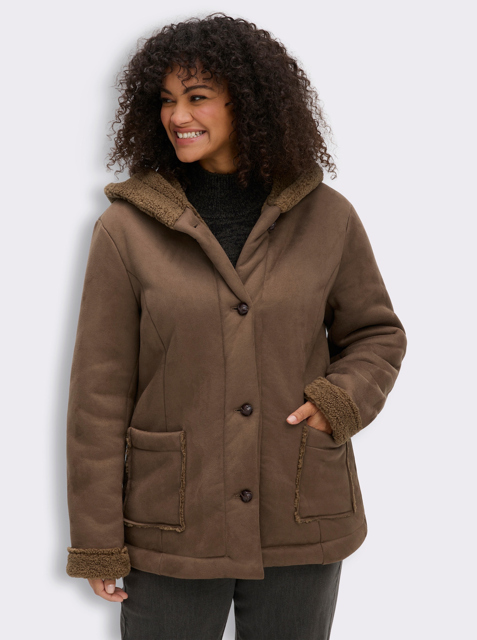 sheego Lederimitatjacke mit Teddyfleece-Details - braun