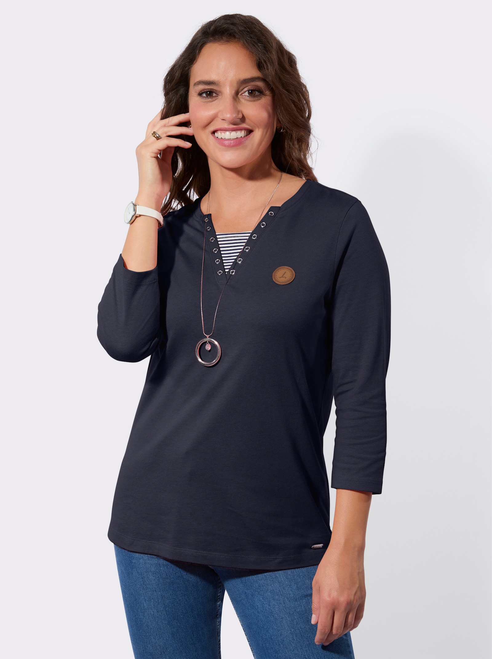 Shirt met 3/4-mouwen in 2-in-1-look - marine