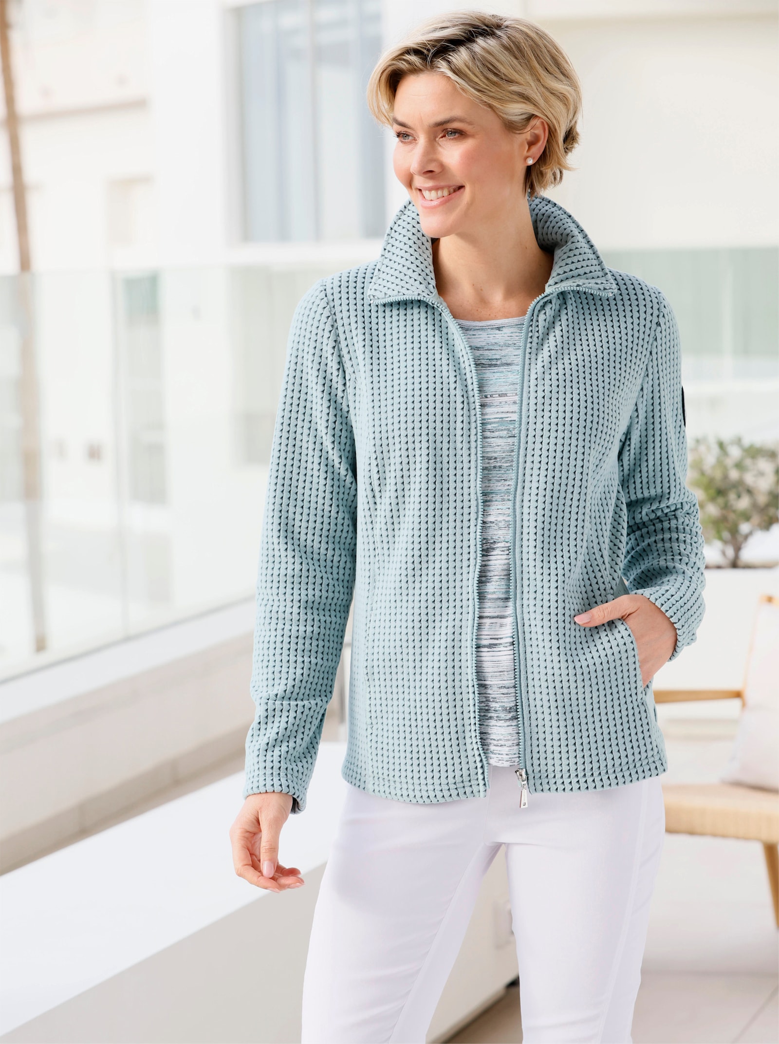 Fleecejacke im Jacquard-Dessin - kalkmint-schwarz